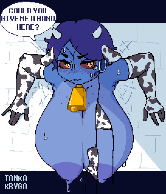 1girl, 1girls, 2d, 2d (artwork), 2d artwork, alien, alien girl, alien humanoid, alternate version available, areola, areolae, armwear, bell, big breasts, bikini, blue hair, blue skin, blue-skinned female, blush, blushing, breasts, colored, colorized, cow bell, cow ears, cow horns, cow print, cow print armwear, cow print bikini, cow print elbow gloves, cow print gloves, elbow gloves, english, english text, erect nipples, fake animal ears, fake animal horns, female, female focus, female only, gloves, gonzalo costa, hanging breasts, horns, humanoid, kino (tonka kryga), large breasts, lowres, naked, naked female, nipples, nude, nude female, partially clothed, partially clothed female, red sclera, short hair, simple background, solo, solo female, solo focus, stuck, stuck in wall, sweat, sweatdrop, sweating, sweaty, sweaty body, tau, text, text box, text bubble, tonka kryga, warhammer (franchise), warhammer 40k, yellow eyes