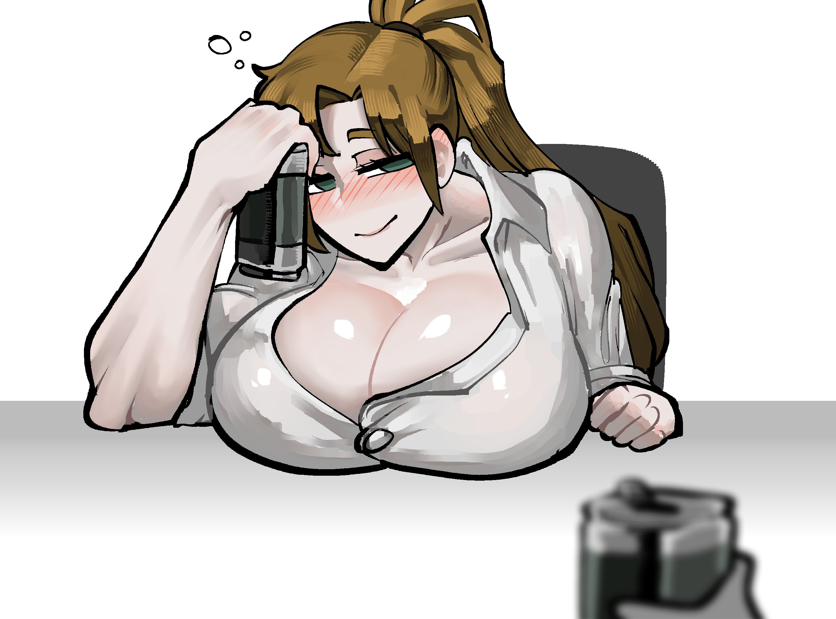 1female, 1girl, 1girls, 2d, 2d (artwork), big boobs, big breasts, big tits, blonde, blonde eyebrows, blonde female, blonde hair, blonde hair female, blonde-haired female, blush, blushing, blushing at viewer, blushing female, boobs, boobs bigger than head, boobs focus, breast focus, breasts, breasts bigger than head, button down shirt, buttoned shirt, closed mouth, clothed, clothed female, clothing, collarbone, color, colored, drunk, drunk bubble, drunk female, ears, eclipseecliptus, eyebrows, female, female focus, female only, glistening, glistening body, glistening boobs, glistening breasts, green eyes, hand on head, high resolution, highres, holding object, large boobs, large breasts, large tits, library of ruina, light skin, light-skinned female, lips, long hair, looking at viewer, olga (library of ruina), only female, overflowing breasts, pale skin, pale-skinned female, ponytail, project moon, rolled up sleeves, sexy, sexy body, sexy female, sexy pose, sexy woman, solo, solo female, solo focus, strong female, tits, tits bigger than head, tits focus, voluptuous, voluptuous body, voluptuous female, voluptuous woman, white background, white shirt