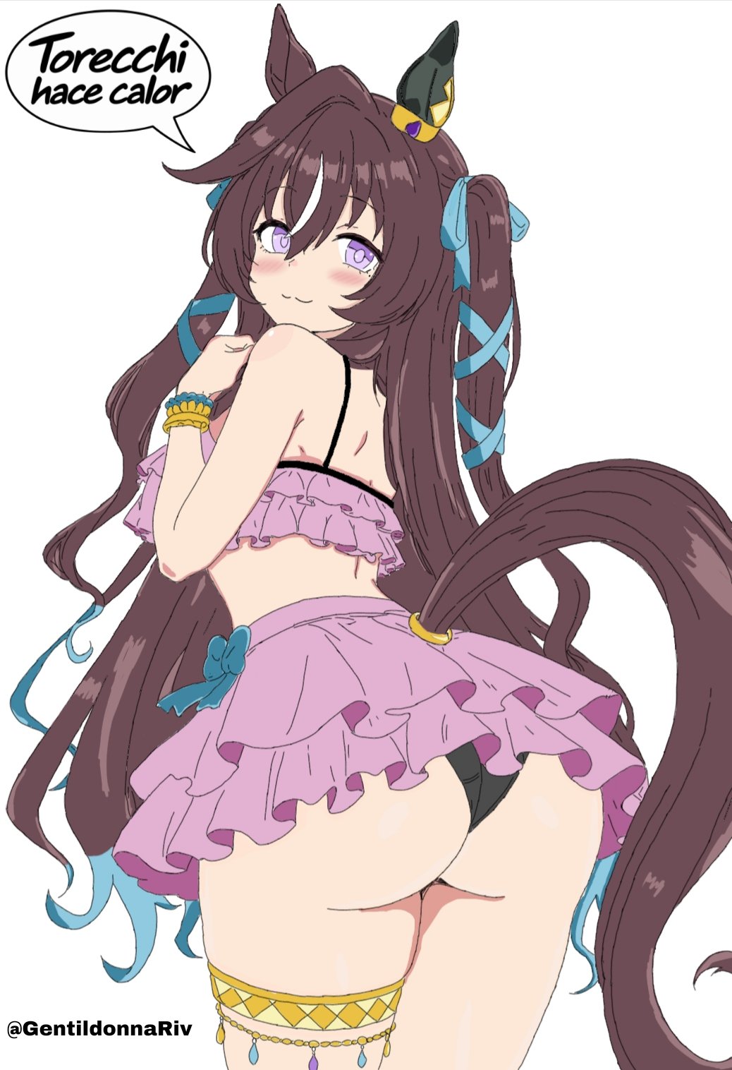 1girl, animal ears, ass, back, bare shoulders, bent over, bikini, blue ribbon, blush, bright pupils, brown hair, brown tail, clenched hand, commentary, cowboy shot, ear covers, frilled bikini, frills, from behind, gentildonnariv, hair between eyes, highres, horse ears, horse girl, horse tail, long hair, looking at viewer, looking back, multicolored hair, official alternate costume, purple eyes, ribbon, ruffle bikini, simple background, single ear cover, solo, spanish text, standing, streaked hair, swimsuit, tail, thigh strap, thighs, twitter username, umamusume, untranslatable commentary, vivlos (eclat d'ete) (umamusume), vivlos (umamusume), white background