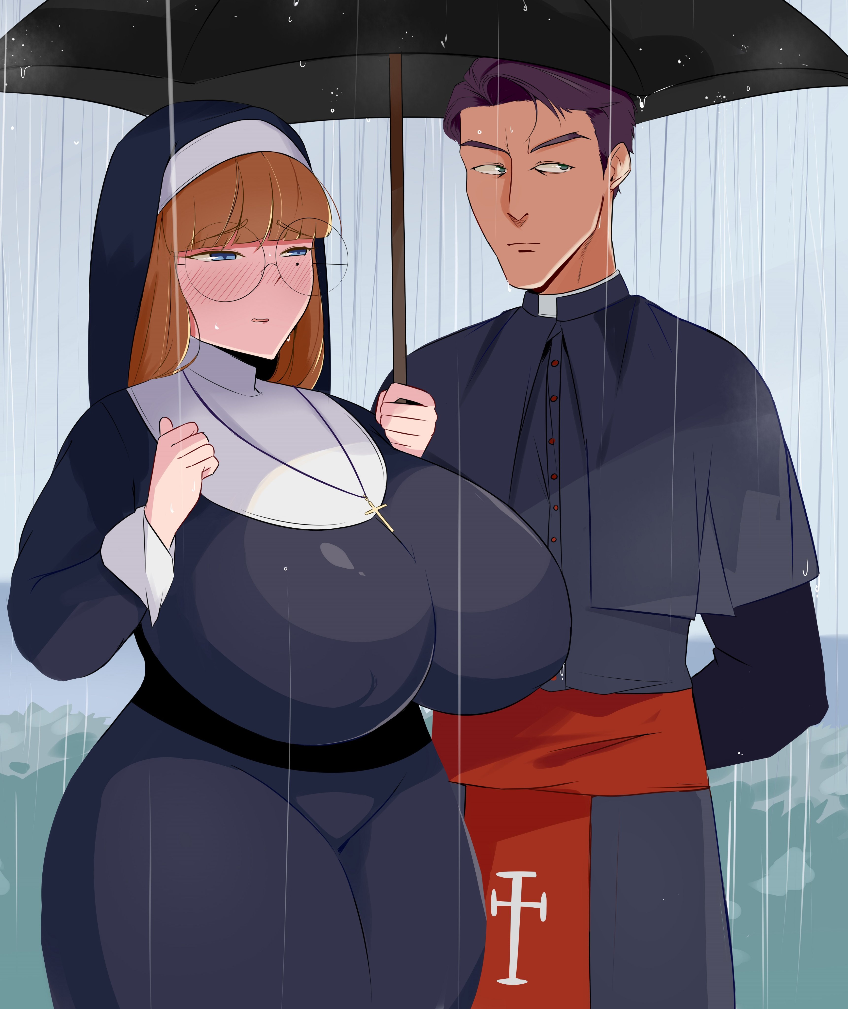 1boy, 1girls, 2021, absurd res, black clothing, black dress, black hair, blue eyes, blush, breasts, brown hair, capelet, clothed, clothing, cross, cross necklace, cuteakita, dress, eyebrows visible through hair, female, green eyes, half-closed eyes, highres, holding umbrella, huge breasts, long hair, looking at another, male, mole, mole under eye, necklace, nervous, nun, nun's habit, open mouth, original, outdoors, priest, purple hair, rain, raining, short hair, standing, tight clothing, tongue, umbrella, under umbrella, water, wavy mouth, wet, wrist cuffs