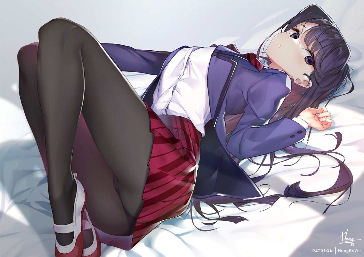 1girls, black eyes, black hair, blush, breasts, female, flats, hong (white spider), komi shouko, komi-san wa komyushou desu, long legs, lying, lying on back, mary janes, medium breasts, panties under pantyhose, pantyhose, pinup, school uniform, schoolgirl, schoolgirl uniform, shoes, skirt, slender legs, solo, stockings, thick thighs, thighs, tights, uwabaki, white shirt