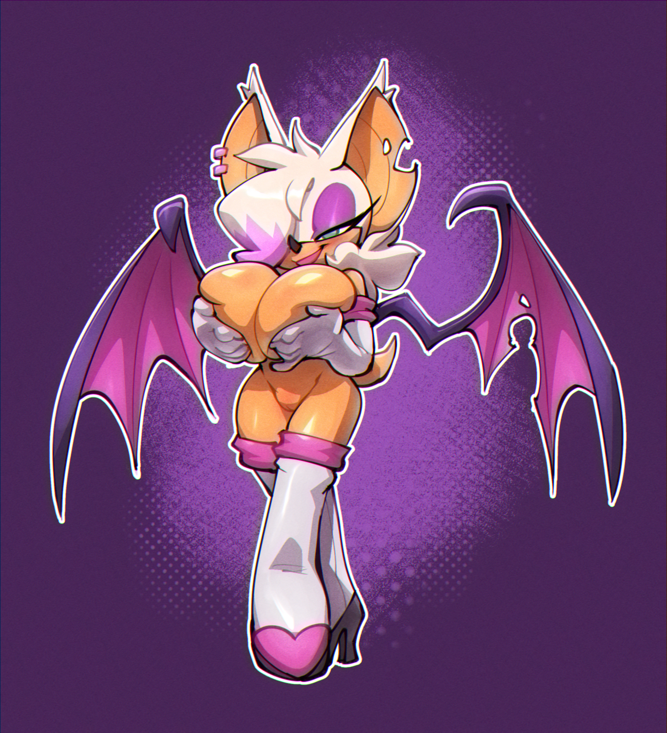 anthro, armwear, bat, bedroom eyes, big breasts, bigdad, boots, breasts, chiropteran, clothing, elbow gloves, exposed torso, female, footwear, functionally nude, fur, furry, furry only, gloves, hair, hair over eye, handwear, hi res, high heeled boots, high heels, holding breast, huge breasts, large breasts, legwear, mammal, mostly nude, naked footwear, narrowed eyes, nude, one eye obstructed, pussy, rouge the bat, seductive, sega, solo, sonic (series), sonic the hedgehog (series), standing, tail, tan body, thigh boots, thigh highs, white body, white fur, wings