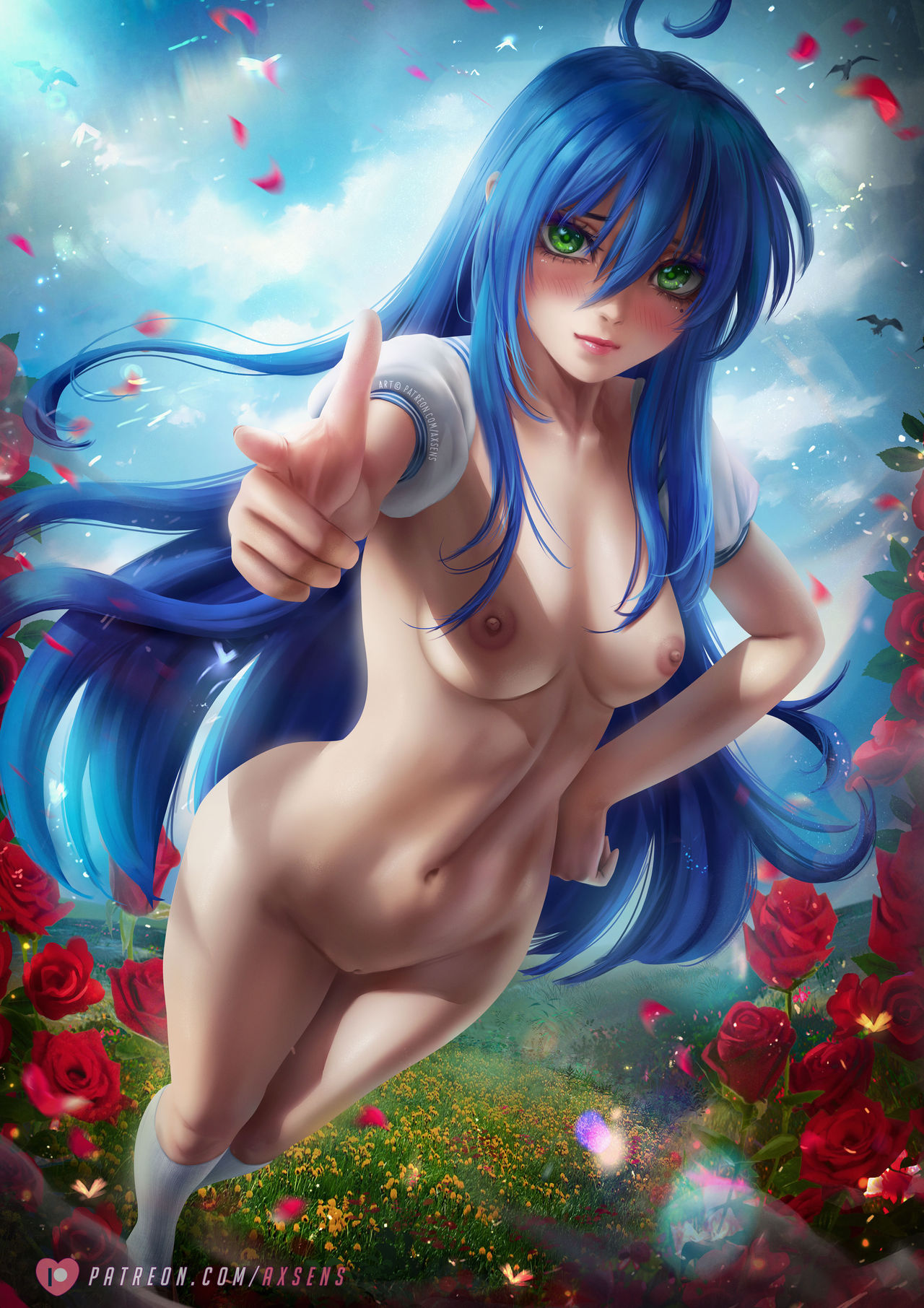 1girls, axsens, blue hair, breasts, breasts apart, cleft of venus, facing viewer, falling petals, female, female only, full body, green eyes, hand on hip, human, human only, konata izumi, linea alba, long hair, looking at viewer, lucky star, naked female, nude, nude female, outdoor nudity, outdoors, pointing at viewer, pussy, red rose, roses, shaved pussy, small breasts, solo, toned, toned female, uncensored, white socks, wide hips, yellow flower