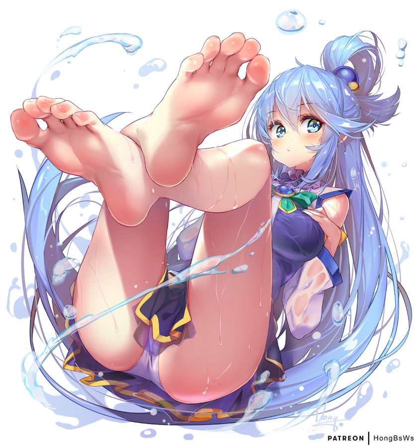 1girls, aqua (konosuba), barefoot, blue eyes, blue hair, blush, blushed soles, breasts, feet, feet up, female, foot fetish, foot focus, goddess, hong (white spider), kono subarashii sekai ni shukufuku wo!, long hair, medium breasts, panties, skirt, soles, thick thighs, thighs, tied hair, upskirt, water, wet
