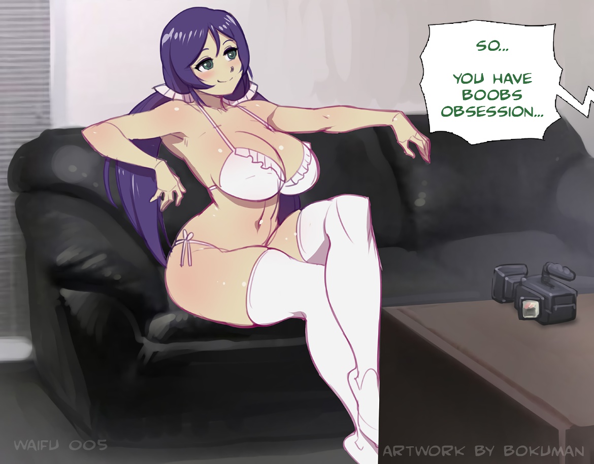 1girls, bikini, bokuman, breasts, camera, casting couch, female, green eyes, large breasts, love live!, love live! school idol project, purple hair, thick thighs, thighhighs, toujou nozomi