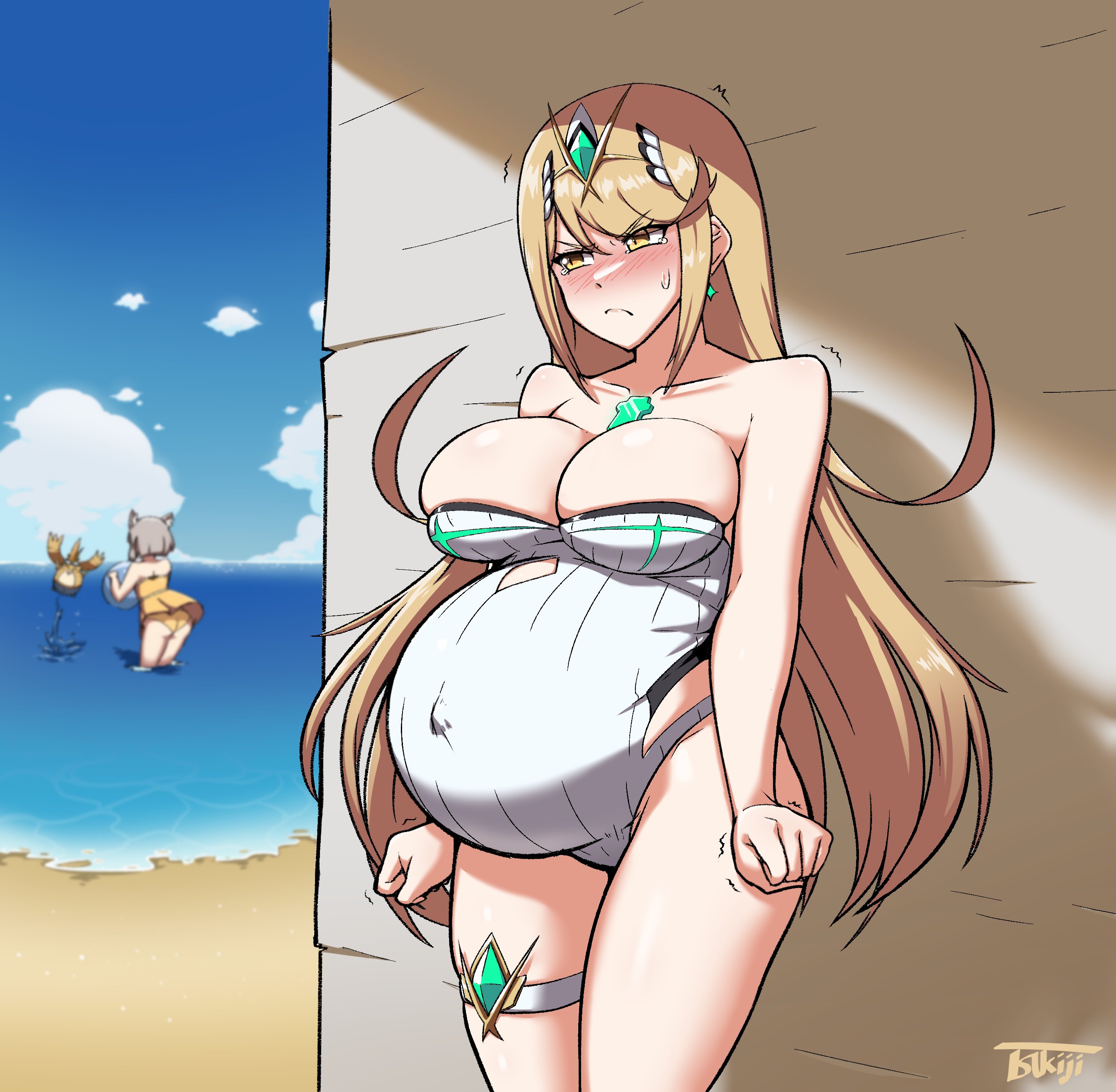 1boy, 2girls, alternate breast size, bent wrist, big breasts, blush, breasts, female, huge belly, large breasts, male, mythra, nia, nia (xenoblade), nintendo, one-piece swimsuit, pregnant, ready to pop, solo focus, swimsuit, tsukiji, xenoblade (series), xenoblade chronicles 2