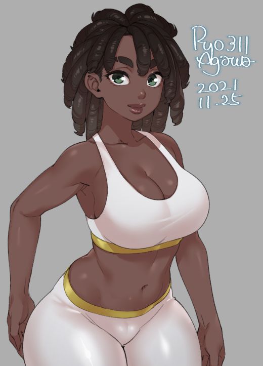 1girls big_breasts bra breasts cleavage curly_hair dark-skinned_female dark_skin female female_only human human_only large_breasts looking_at_viewer navel ryo_agawa simple_background solo sports_bra standing