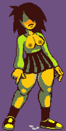 areolae big_breasts blush breasts deltarune embarrassed female female_only female_protagonist kris_(deltarune) kris_(light_world_form) kristi_(deltaglamour) long_hair nipples pixel_art pussy pussy_juice pussy_juice_drip pussy_juice_on_ground pussy_juice_puddle skirt tall thick_thighs thighs trickster_(artist)