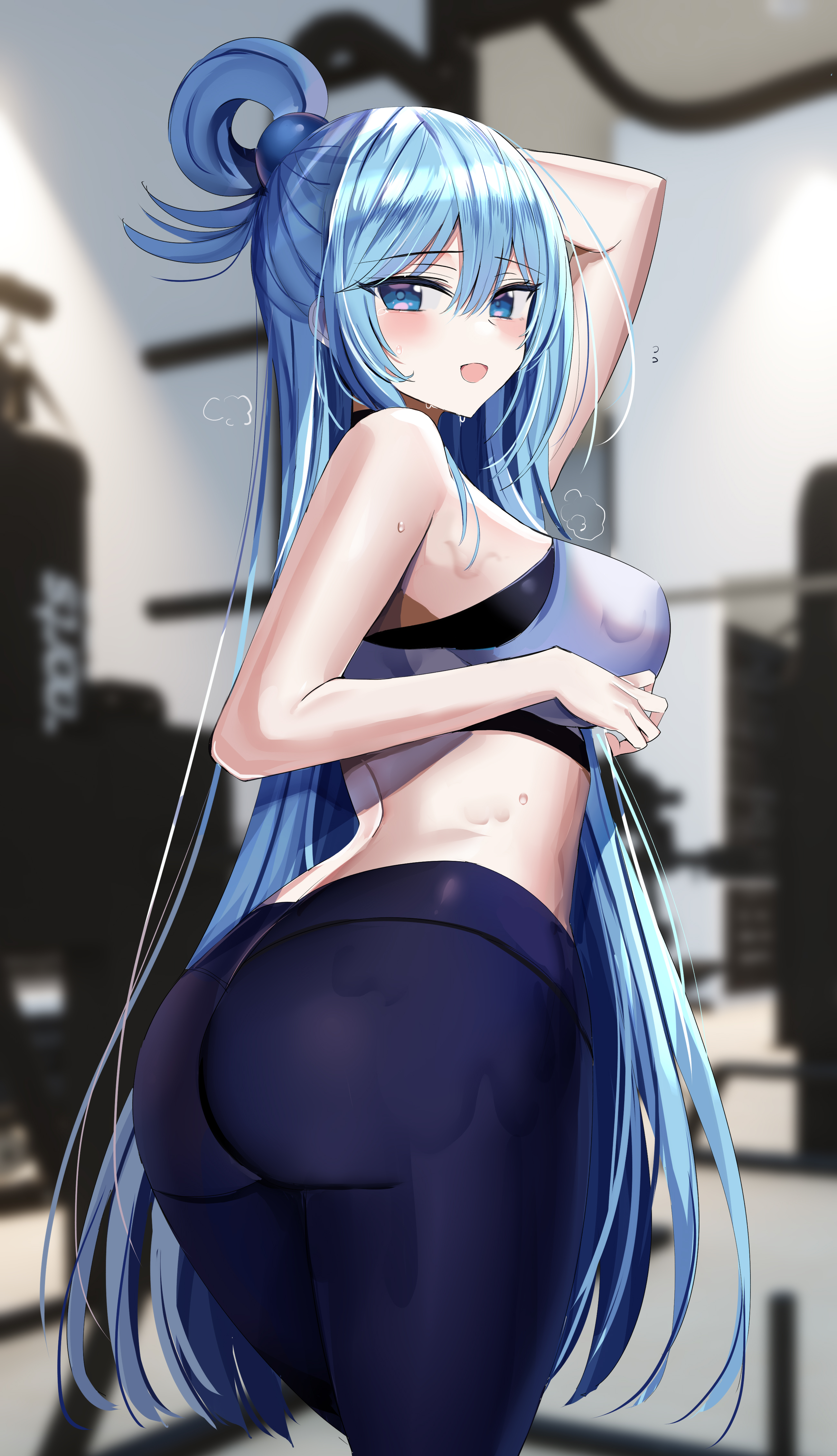 1girls, absurd res, adamant369, aqua (konosuba), ass, big ass, blue eyes, blue hair, breasts, female, hanasaka houcha, high resolution, kono subarashii sekai ni shukufuku wo!, long hair, sideboob, solo, standing, sweat, thick thighs, thighs, tight clothing, yoga pants
