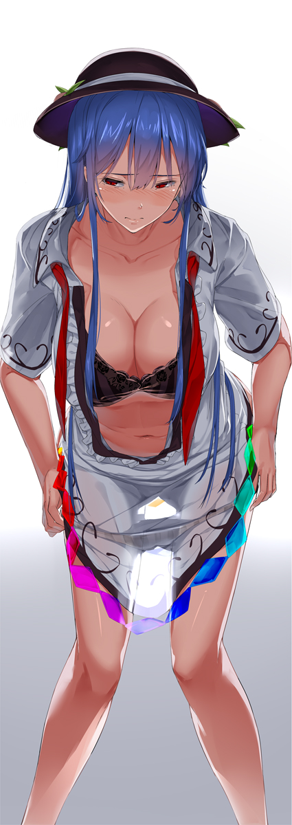 black_bra blue_hair blush bra cleavage embarrassed hat lingerie long_hair looking_away navel neropaso no_pants panties panty_pull red_eyes see-through see-through_top standing striped_panties tagme tenshi_hinanawi touhou undressing very_long_hair