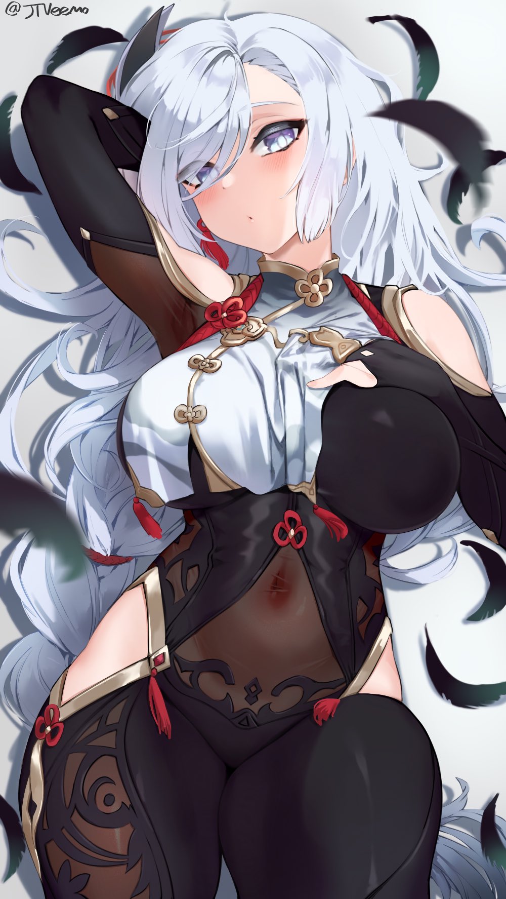 1girls, big breasts, breast curtains, breasts, female, female only, genshin impact, jtveemo, large breasts, long hair, looking at viewer, lying, shenhe (genshin impact), silver eyes, solo, thick thighs, thighs, white hair