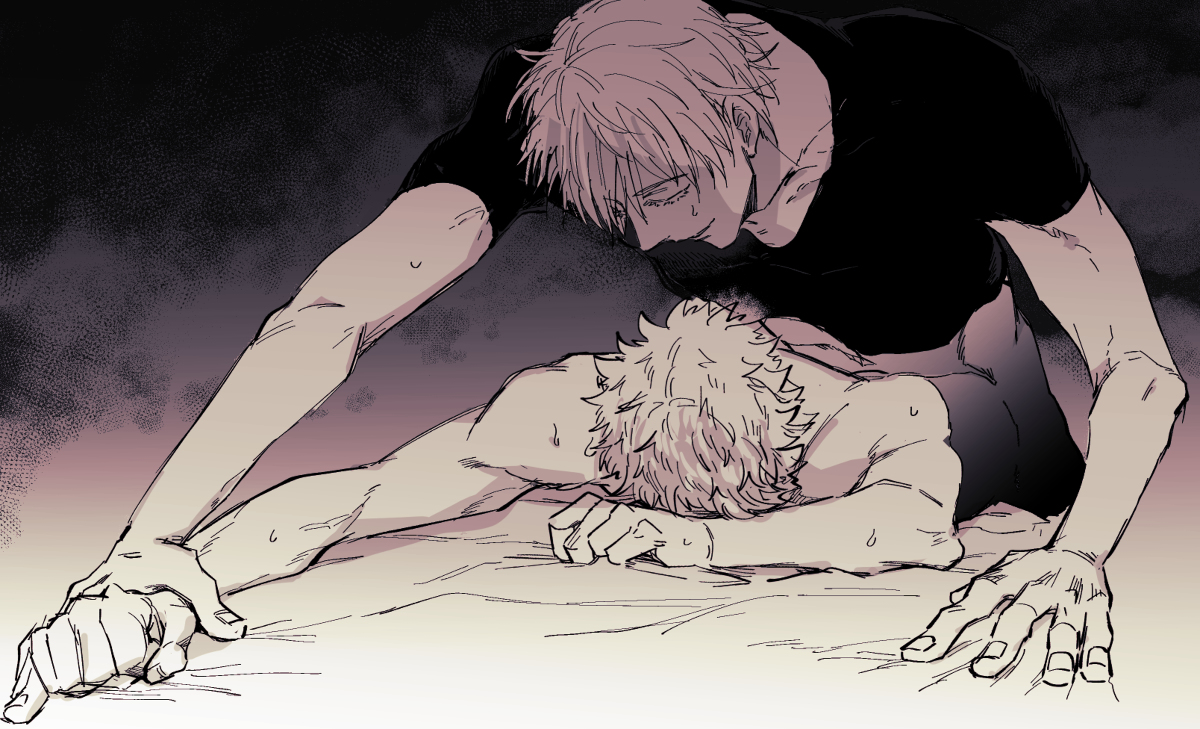 2boys, age difference, anal, anal sex, gay, holding hands, itadori yuuji, jujutsu kaisen, male, male focus, male only, male penetrated, male penetrating male, male/male, nyau (artist), partially clothed, penetration, raped, satoru gojo, size difference, yaoi