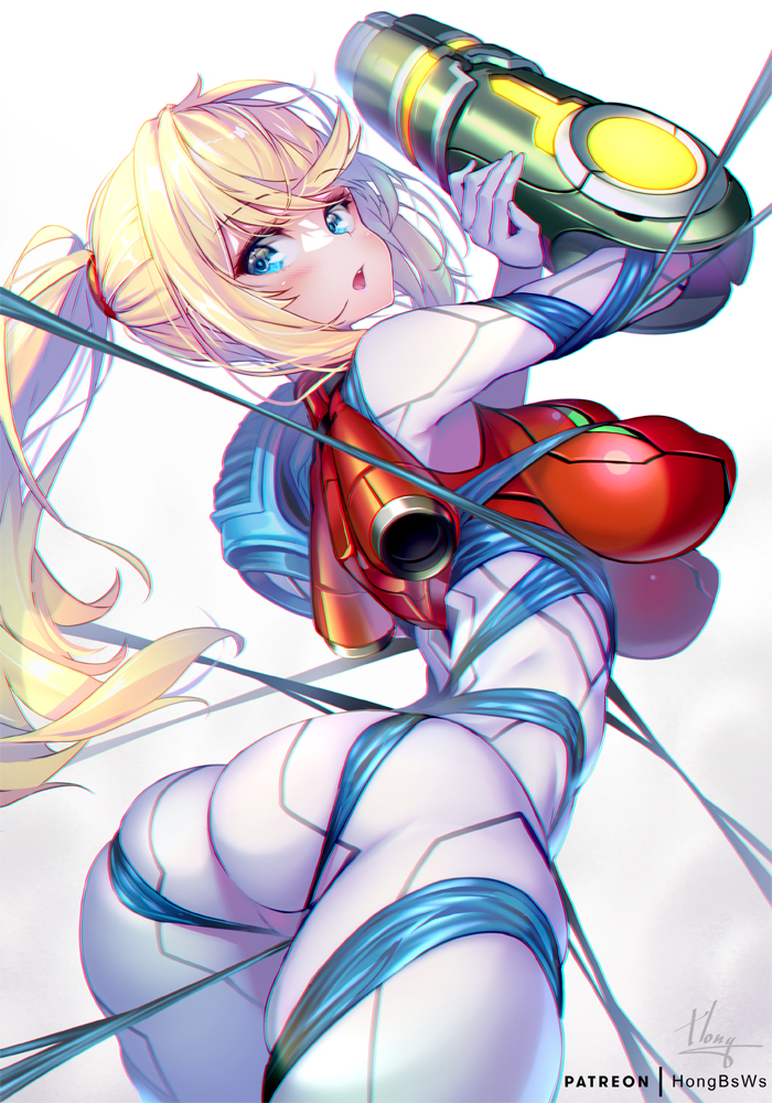 1girls, ass, big ass, big breasts, big butt, blonde hair, blue eyes, blush, blushing, bodysuit, bondage, breasts, female, full body suit, gun, hanging breasts, hong (white spider), long hair, metroid, nintendo, samus aran, thick thighs, thighs, tied hair, tied up, weapon
