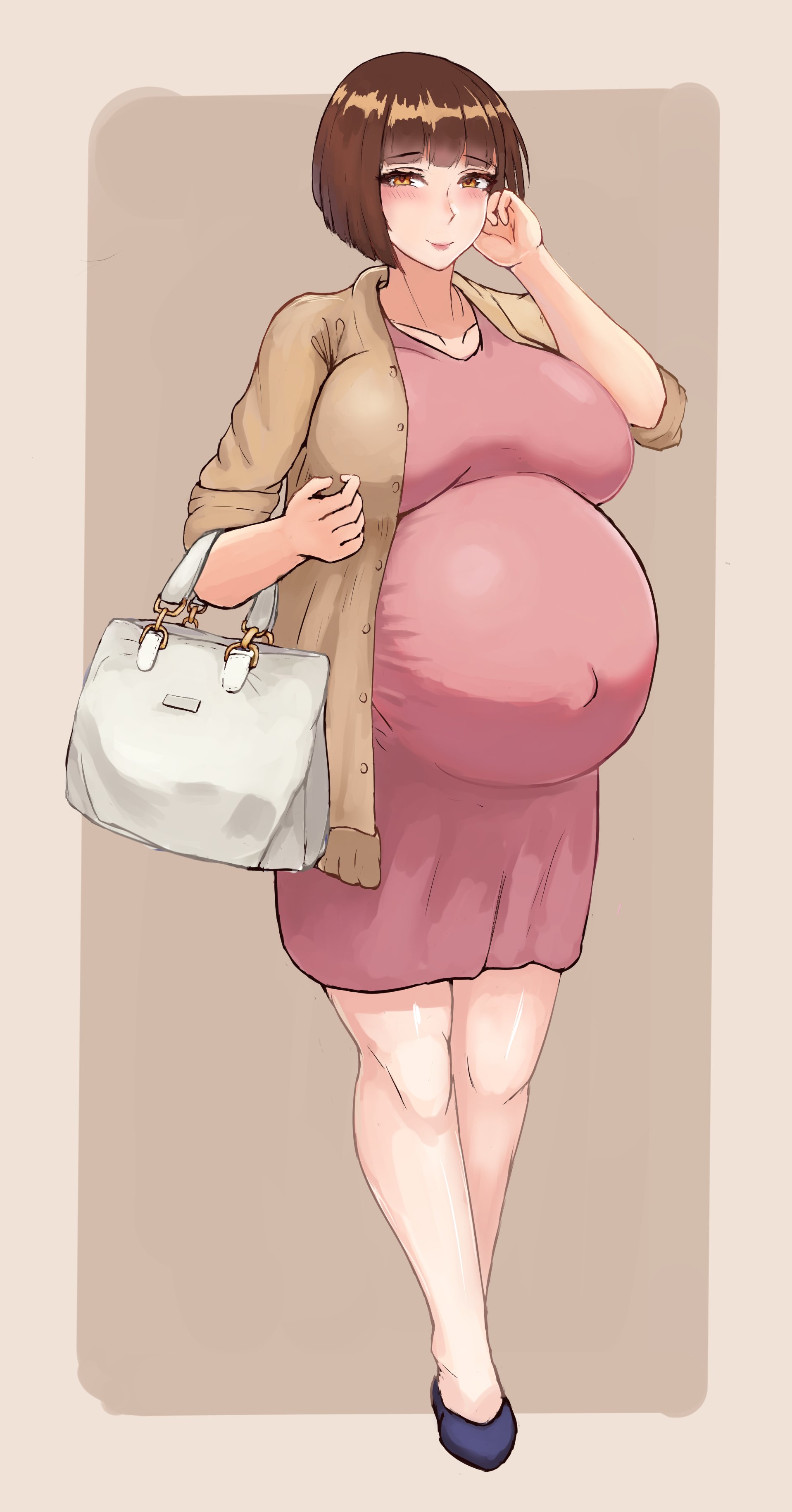 1girls, botsu, breasts, female, female only, huge belly, huge breasts, looking at viewer, maternity clothes, maternity dress, pregnant, ready to pop, solo, thick thighs, wide hips