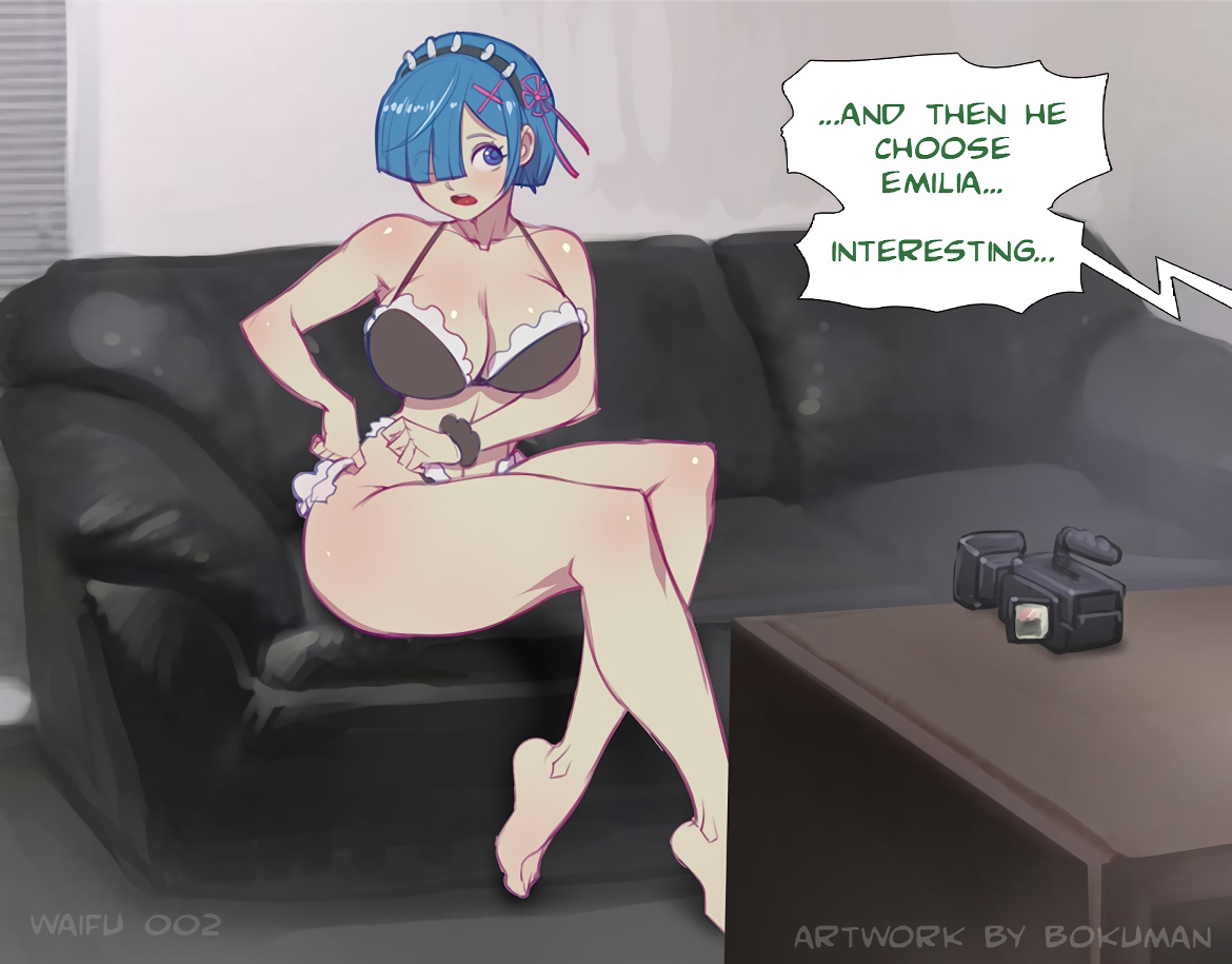 1girls, bare shoulders, barefoot, before anal, before sex, big breasts, bikini, blue eyes, blue hair, bokuman, breasts, busty, camera, casting, casting couch, couch, english text, feet, female, female only, hair over one eye, human, imminent sex, interview, large breasts, maid, maid bikini, maid headdress, matching hair/eyes, re:zero kara hajimeru isekai seikatsu, rem (re:zero), sofa, speech bubble, text, thick thighs, thighs, uncensored, x hair ornament