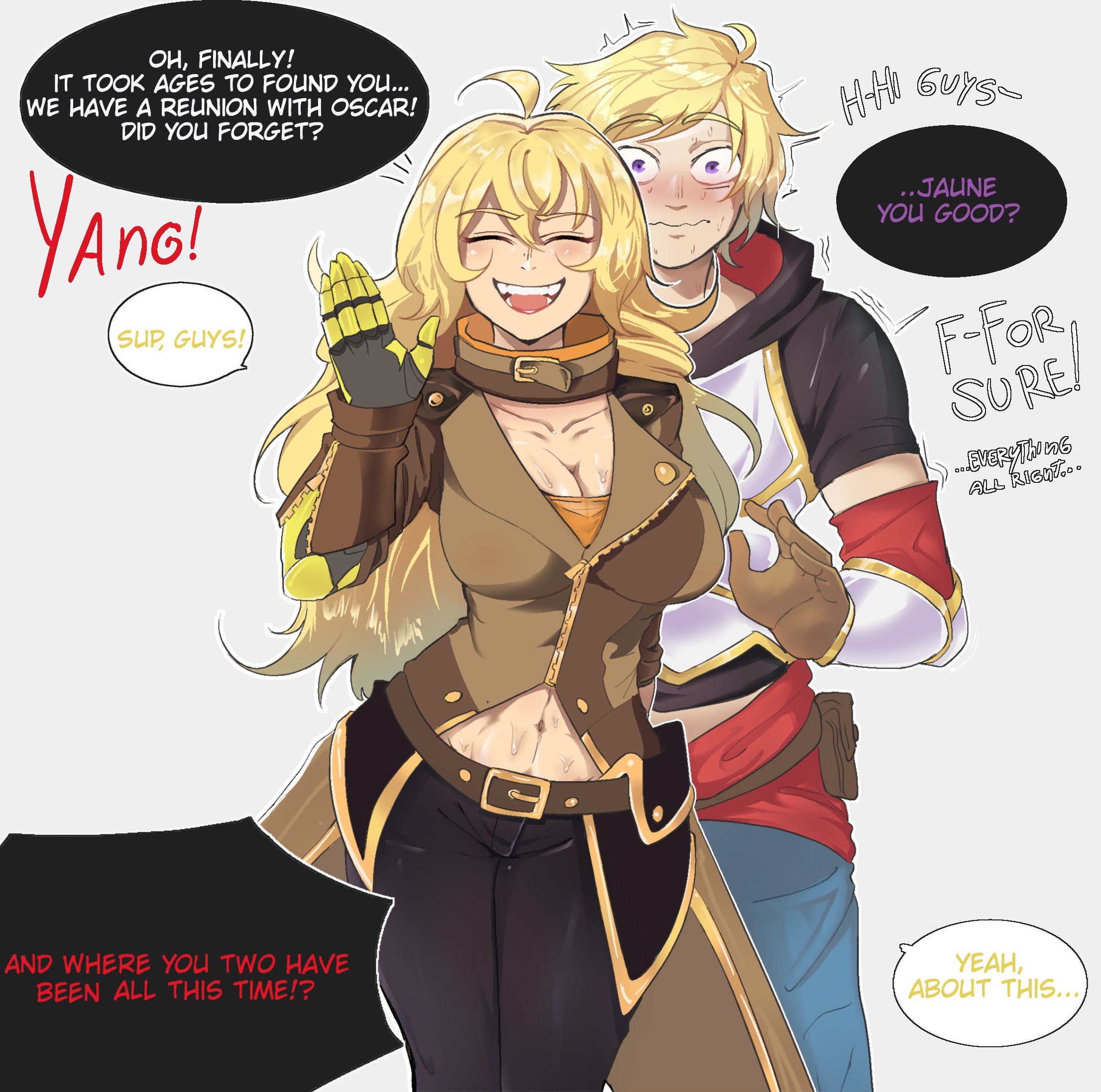 1boy, 1girls, big breasts, blonde hair, blush, breasts, closed eyes, dialogue, english text, female, fully clothed, hentaly, human, implied handjob, jaune arc, long hair, male, pants down, rwby, short hair, speech bubble, sweat, text, thighs, yang xiao long