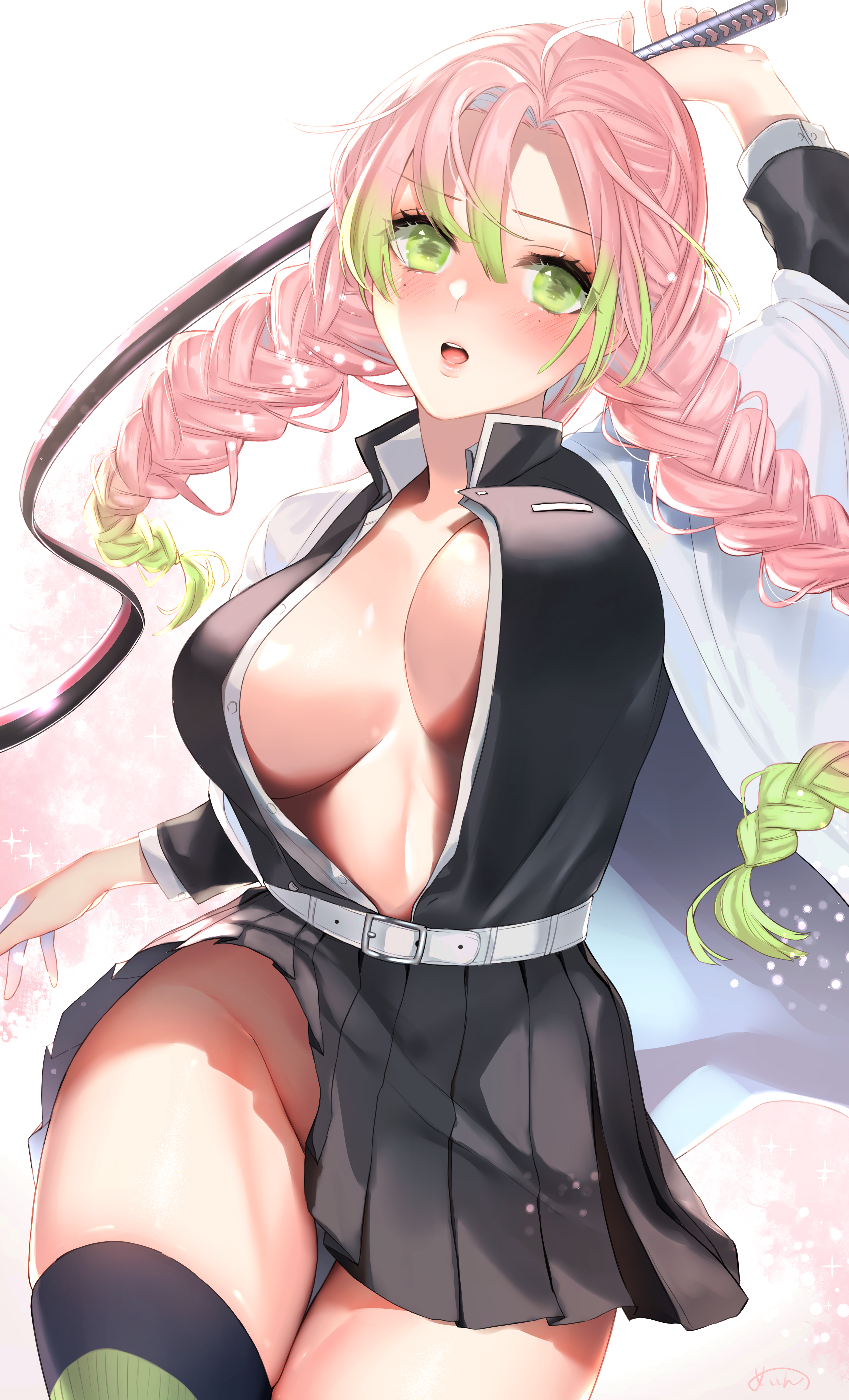 1girls, bangs, big breasts, blush, bouncing breasts, braided hair, breasts, clothing, convenient censoring, demon slayer, female, female only, green eyes, haori, kanroji mitsuri, kimetsu no yaiba, long hair, long sleeves, mole under eye, no bra, no panties, open shirt, pink hair, pink-haired female, pleated skirt, sakiryo kanna, solo, sword, thick thighs, thigh gap, thighhighs, two-tone hair, unbuttoned shirt, uniform, upskirt, wide hips, zettai ryouiki