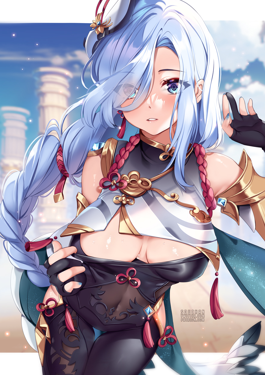1girls, 2021, artist signature, blue eyes, blue hair, bodystocking, braided hair, breast focus, breasts, clothing pull, female, female only, genshin impact, hair over one eye, large breasts, light blush, long hair, looking at viewer, ornate clothing, outdoors, shenhe (genshin impact), slim waist, squchan, thick thighs, thigh gap, thighs