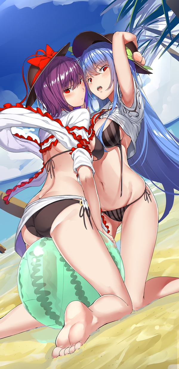 arms_up ass ball barefoot beach bikini black_bikini blue_hair blush breasts hat iku_nagae kneeling long_hair navel neropaso no_pants purple_hair red_eyes shirt shirt_lift short_hair side-tie_bikini straddling striped_bikini tagme tenshi_hinanawi touhou very_long_hair yuri