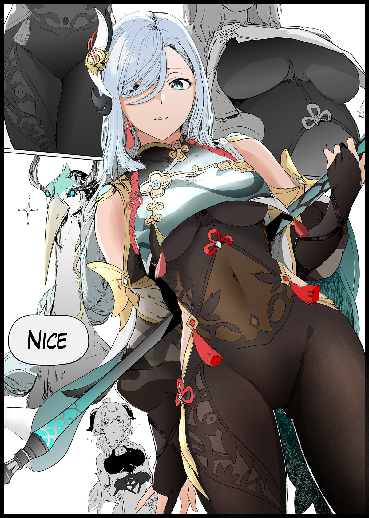 3girls, bird, black bodysuit, blue eyes, bodysuit, breasts, covered navel, english text, female, ganyu (genshin impact), genshin impact, hi res, hip vent, large breasts, multiple females, multiple girls, navel visible through clothes, polearm, shenhe (genshin impact), skintight, underboob, weapon, white hair