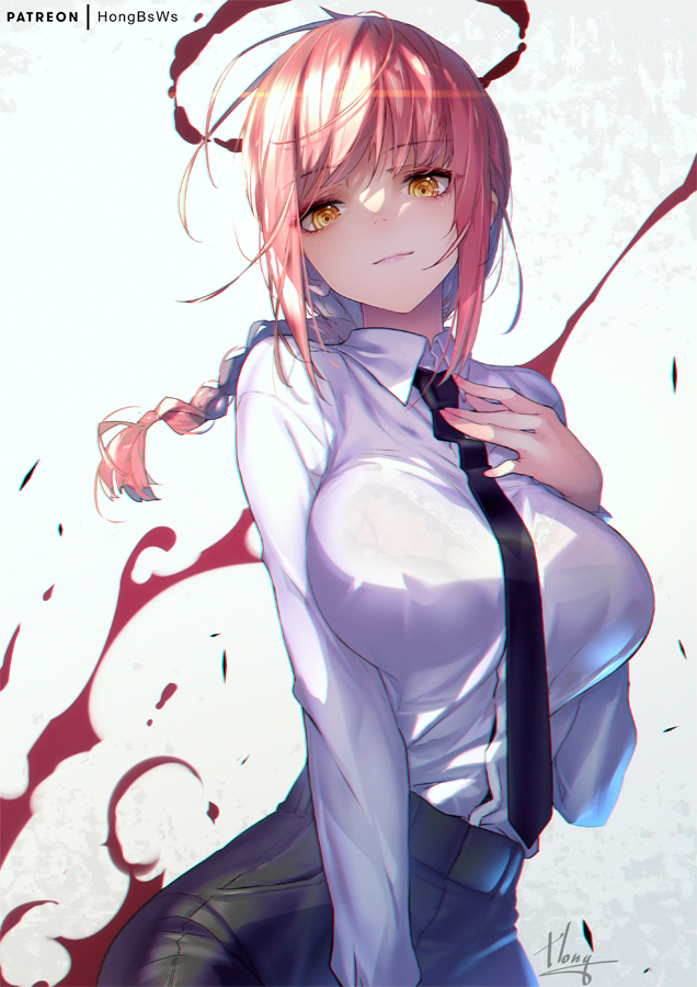 1girls, big breasts, bra visible through clothes, braid, braided hair, braided ponytail, braids, breasts, chainsaw man, female, hong (white spider), lips, lipstick, makima (chainsaw man), medium hair, office lady, red hair, red-haired female, tie, tied hair, white shirt, yellow eyes