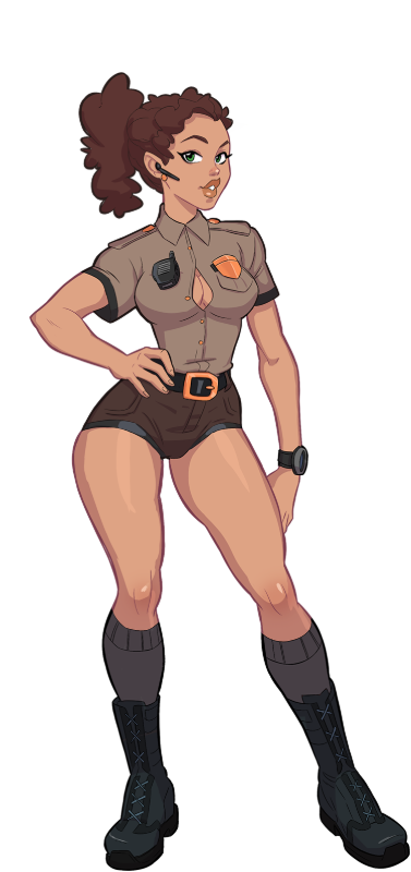 1girls 2020 black_boots brown_hair character_profile character_sheet clothed_female curly_hair earpiece female_focus female_only florence_(kink_inc.) green_eyes hand_on_own_hip kink_inc. light-skinned_female long_socks looking_at_viewer model_sheet nutaku police_uniform policewoman ponytail security_guard security_uniform shortshorts solo_female solo_focus tan-skinned_female tender_troupe thick_thighs transparent_background unbuttoned_shirt