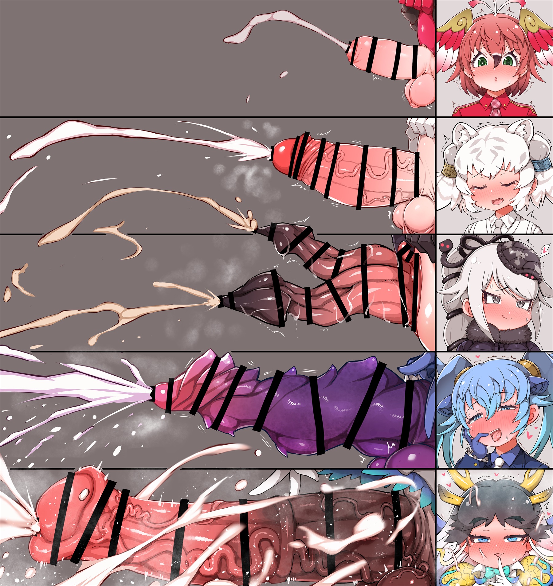 5futas, balls, bar censor, big penis, bird girl, bird humanoid, blue hair, blue hair futa, byakko (kemono friends), censor bar, censored, censored penis, cock, cock size difference, cum, dick, dragon girl, dragon humanoid, ejaculation, eyebrows visible through hair, futanari, genbu (kemono friends), genitals, green eyes, hair between eyes, horse penis, horsecock, horsecock futa, horsecock futanari, kemono friends, kirin (kemono friends), large penis, multi genitalia, multi penis, orgasm, penis, penis size comparison, penis size difference, purple genitals, purple penis, red hair, red hair futa, seiryuu (kemono friends), semen, shikoripa, small penis, suzaku (kemono friends), tanaka kusao, testicles, tiger girl, tiger humanoid, vein, veins, veiny, veiny penis, white hair, white hair futa