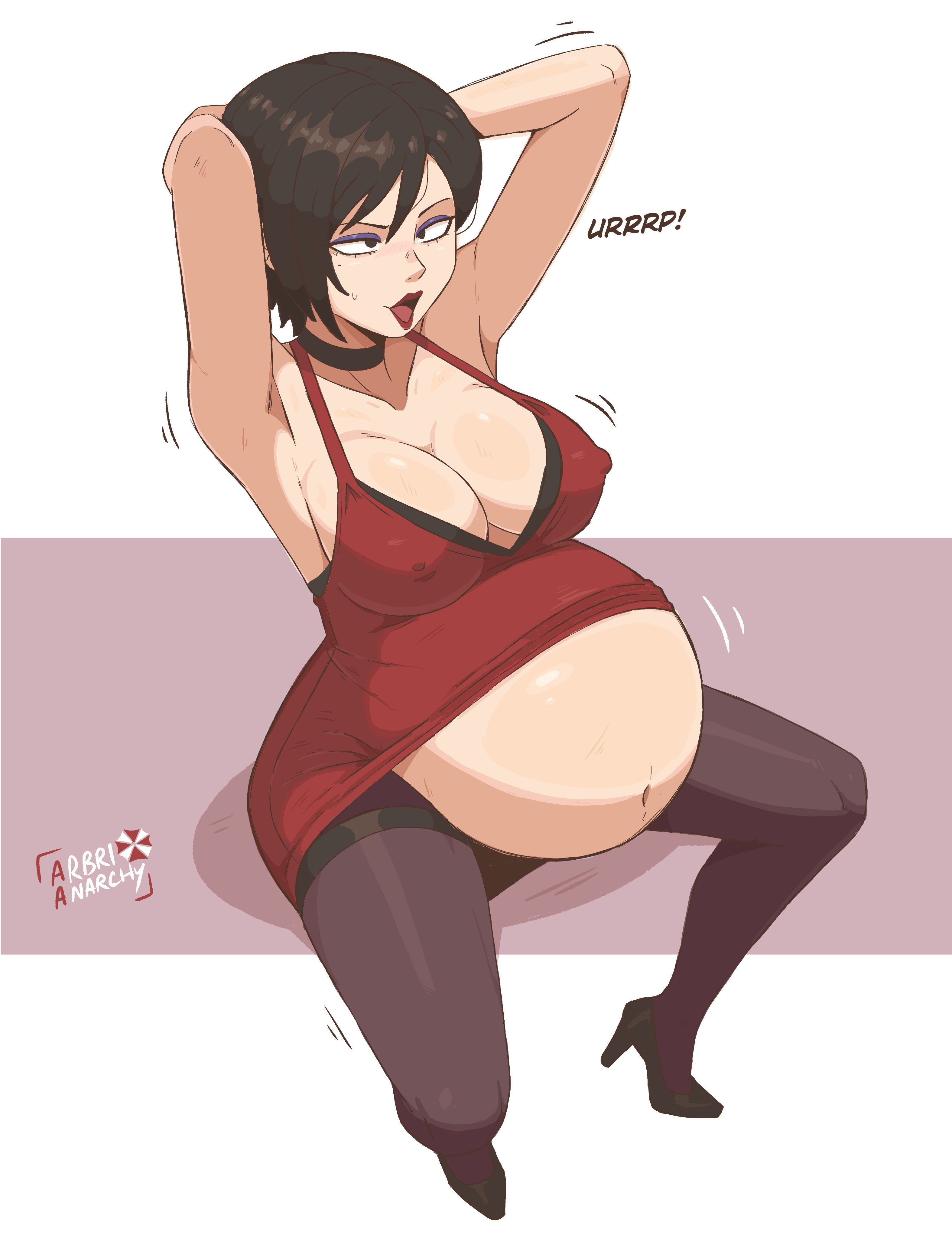 1girls, ada wong, arbrianarchy, big belly, big boobs, boobs, breasts, burp, burping, cleavage, cross-eyed, exposed belly, full stomach, hands behind head, large breasts, lipstick, nipples, nipples visible through clothing, open mouth, red dress, resident evil, resident evil 4, resident evil 4 remake, stuffed belly, urp