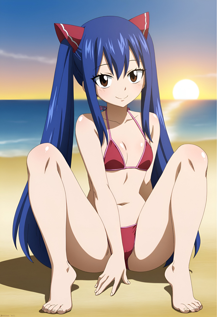 1girls, ai generated, bikini, blue hair, blue-haired female, clothed, clothed female, duderu vanilla, fairy tail, female, female only, flat chest, red bikini, solo, swimsuit, twintails, wendy marvell