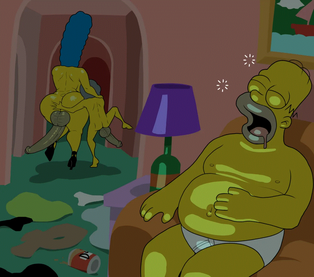 asleep, blue hair, futanari, high heels, homer simpson, huge ass, huge breasts, huge cock, marge simpson, moe szyslak, ntr, pulpawoelbo, the simpsons, yellow body
