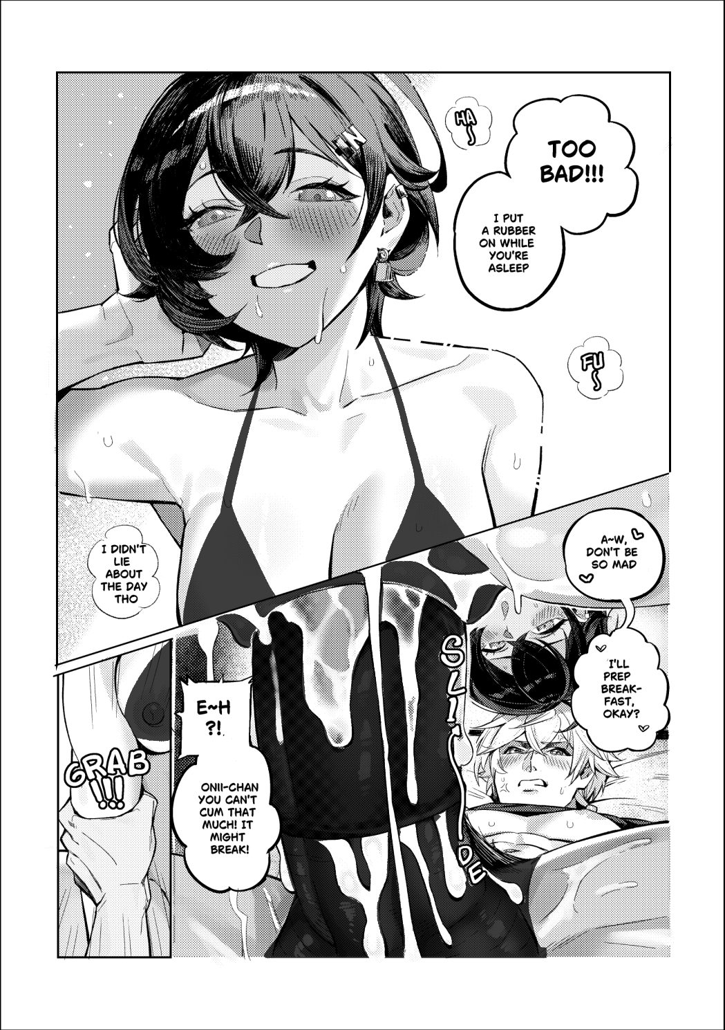 1boy, 1girls, after sex, belle (zenless zone zero), big breasts, brother and sister, censored, condom, cowgirl position, cum, cum in condom, dialogue, drawing, english text, fat ass, highres, holding, horny female, incest, joke, mihoyo, nude, nude female, pleasure face, prank, sex, short hair, straight, sweat, text, thick thighs, vaginal penetration, vaginal sex, wise (zenless zone zero), yusi vishnu, zenless zone zero