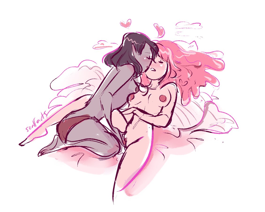 2girls, adventure time, black hair, black-haired female, bonnibel bubblegum, breasts, canon couple, closed eyes, female, female only, female/female, fingering, fingering partner, fingering pussy, grey body, grey skin, grey-skinned female, heart, imminent kiss, lesbian couple, lesbian sex, marceline, marceline abadeer, multiple girls, nude, nude female, pink body, pink hair, pink skin, pink-haired female, pink-skinned female, pointy ears, princess bubblegum, pussy, sealfarts, shaved pussy, vampire, vampire girl, white background, yuri