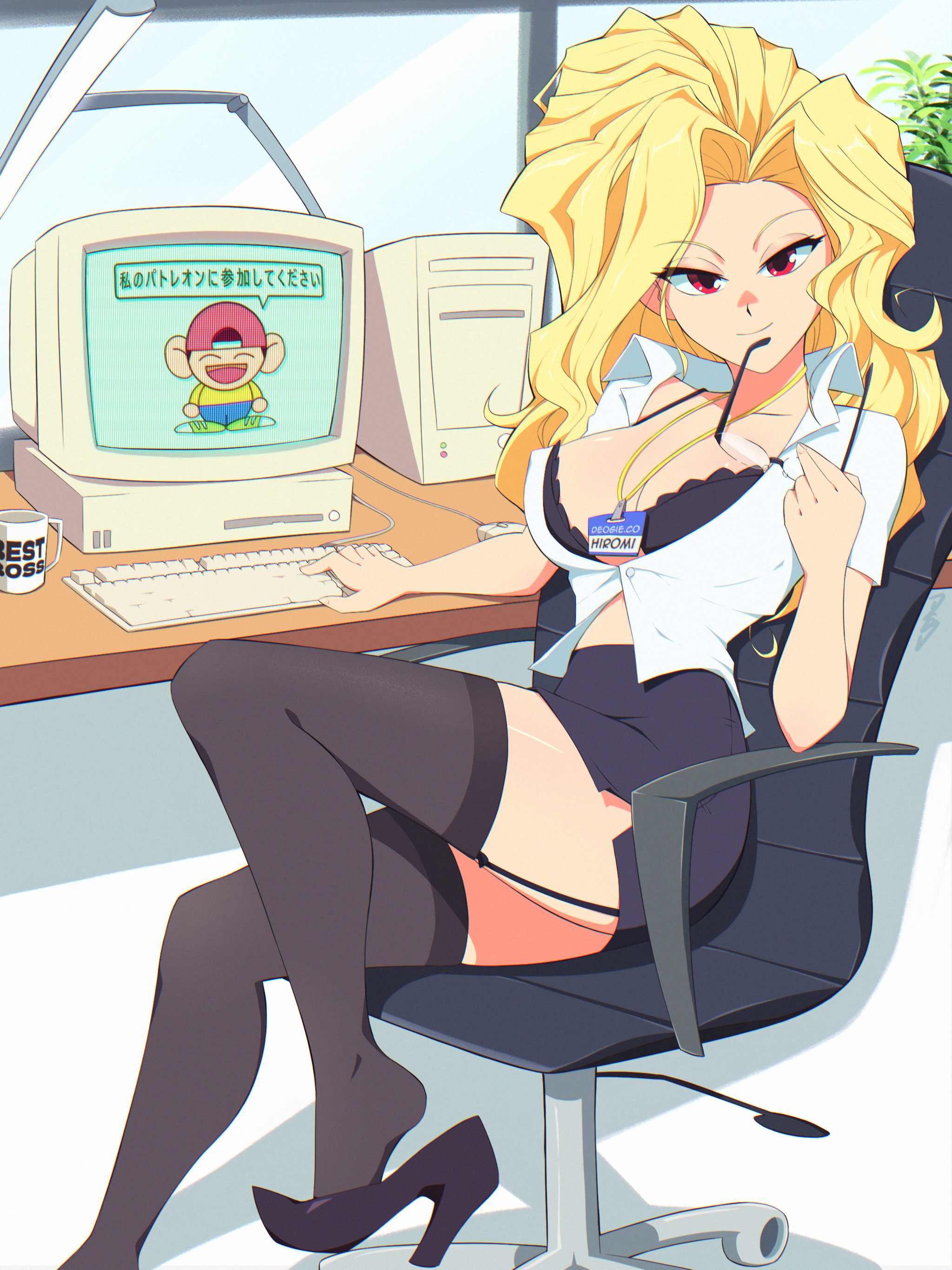 1girls, alternate costume, alternate version available, big breasts, black bra, black skirt, black thighhighs, blonde hair, bottomwear, bra, bra peek, breasts, buttoned shirt, chair, cleavage, coffee mug, computer, computer screen, cool biz, deogie, drink, female, female only, footwear, garter straps, glasses, golden boy, hair, heels, high heels, holding object, id card, keyboard, legs, legwear, long hair, madame president, mature, mature female, mature woman, neckwear, office chair, office clothing, office lady, pencil skirt, red eyes, shirt, skirt, smile, solo, solo female, thighhighs, thighs, topwear, when you see it, white shirt