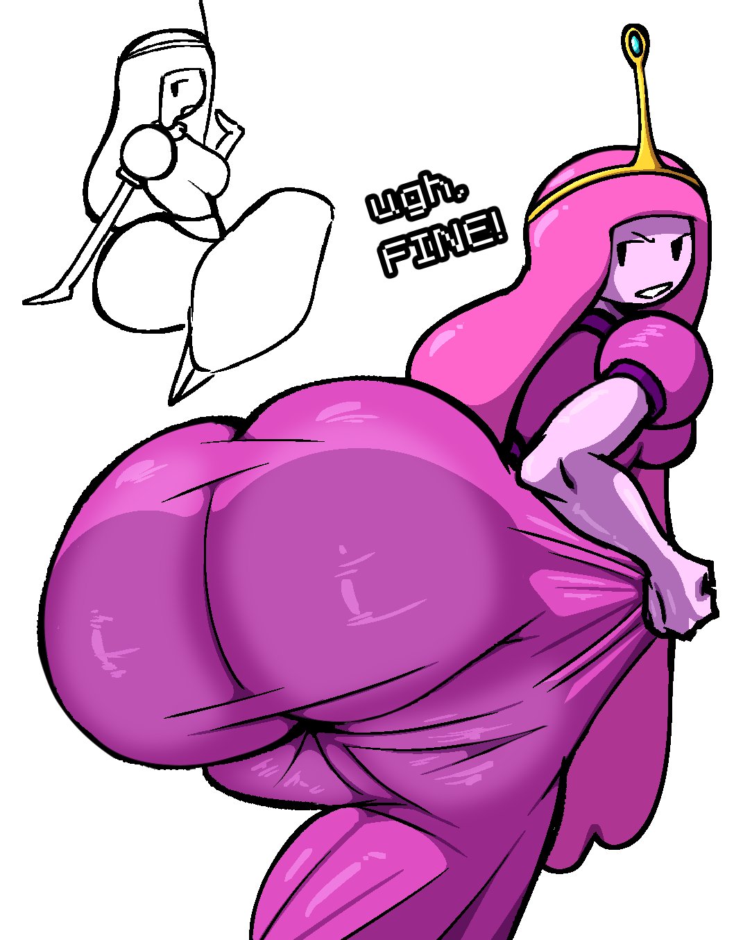 1girls, adventure time, ass, ass focus, ass in dress, bent over, big ass, bottom heavy, bubble butt, clothing, dialogue, dress, fat ass, female, female only, gluteal fold, huge ass, large ass, massive ass, nanodude78, pink hair, pink skin, presenting, presenting hindquarters, princess bubblegum, showing off, showing off ass, talking to viewer, text, thick ass, thick thighs, thunder thighs, white background, wide hips