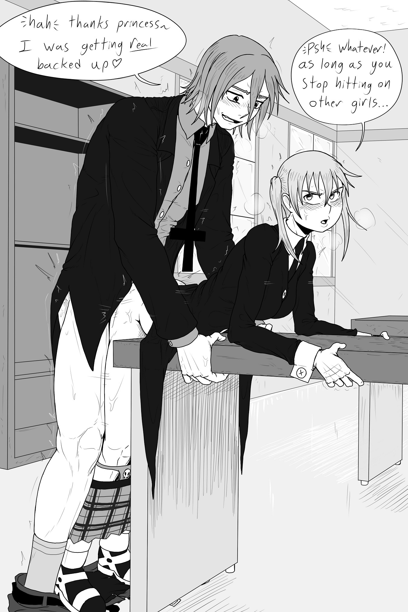 1boy, 1girls, black and white, father and daughter, female, fucked from behind, fucked on desk, incest, kiahl, lobsterkiahl, maka albarn, male, sex, soul eater, spirit albarn, talking