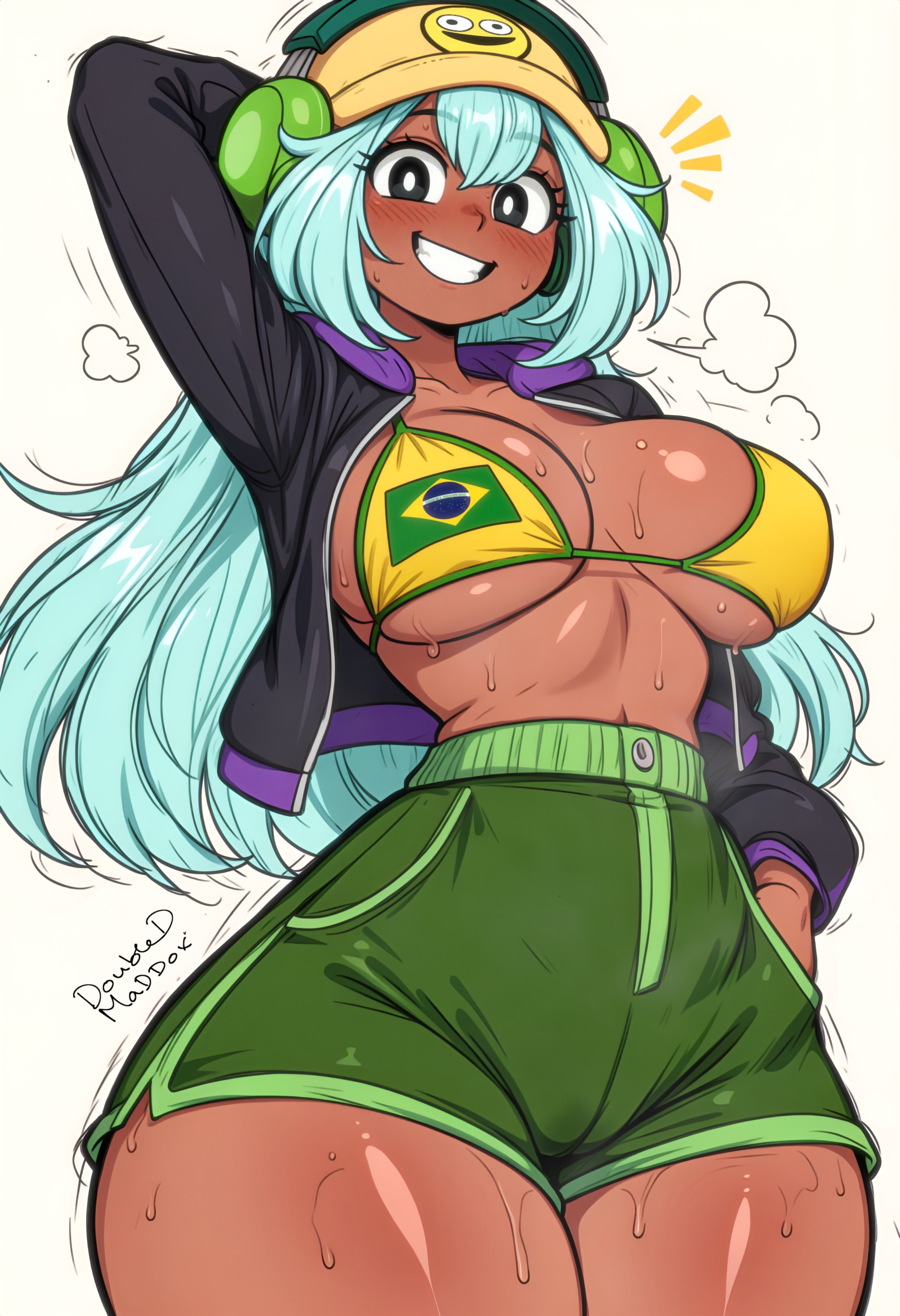 ai generated, big breasts, bikini, brazilian flag, dolly dimpley, doubledmddx, gigantic thighs, hand in pocket, hands behind head, huge thighs, large breasts, large thighs, looking at viewer, open jacket, shorts, smiling, smiling at viewer, smiling friends, sweat, sweating, tagme