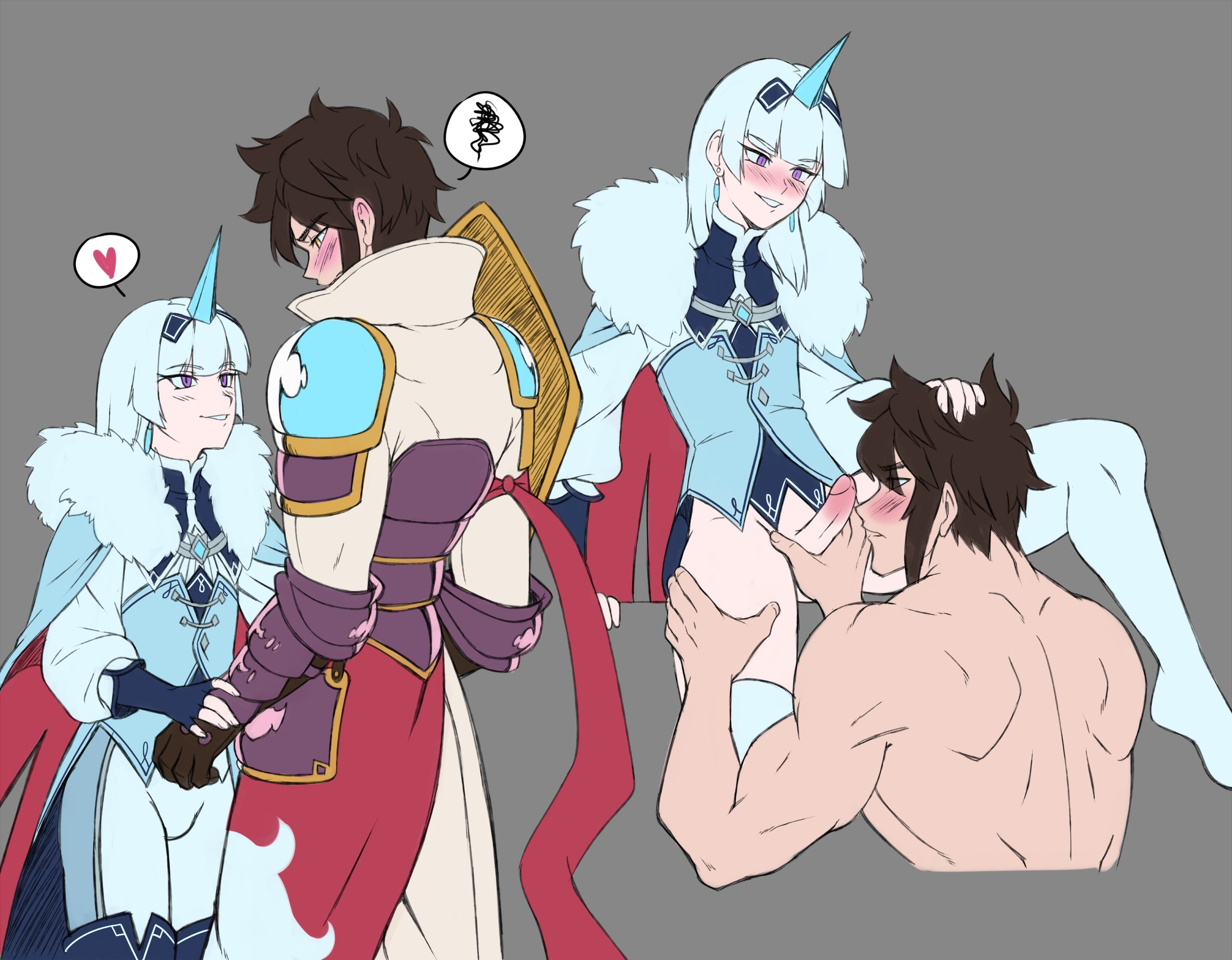 blue hair, blush, bottomless, brown hair, cape, cherrypicmilk, domination loss, earrings, femboy, femboy on male, femboydom, gay, gay domination, gay male, gloves, handjob, holding hand, horn, imminent oral, josou seme, long hair, male, male sucking femboy, orange eyes, penis, purple eyes, shoulder armor, size difference, small dom big sub, thighhighs, yaoi