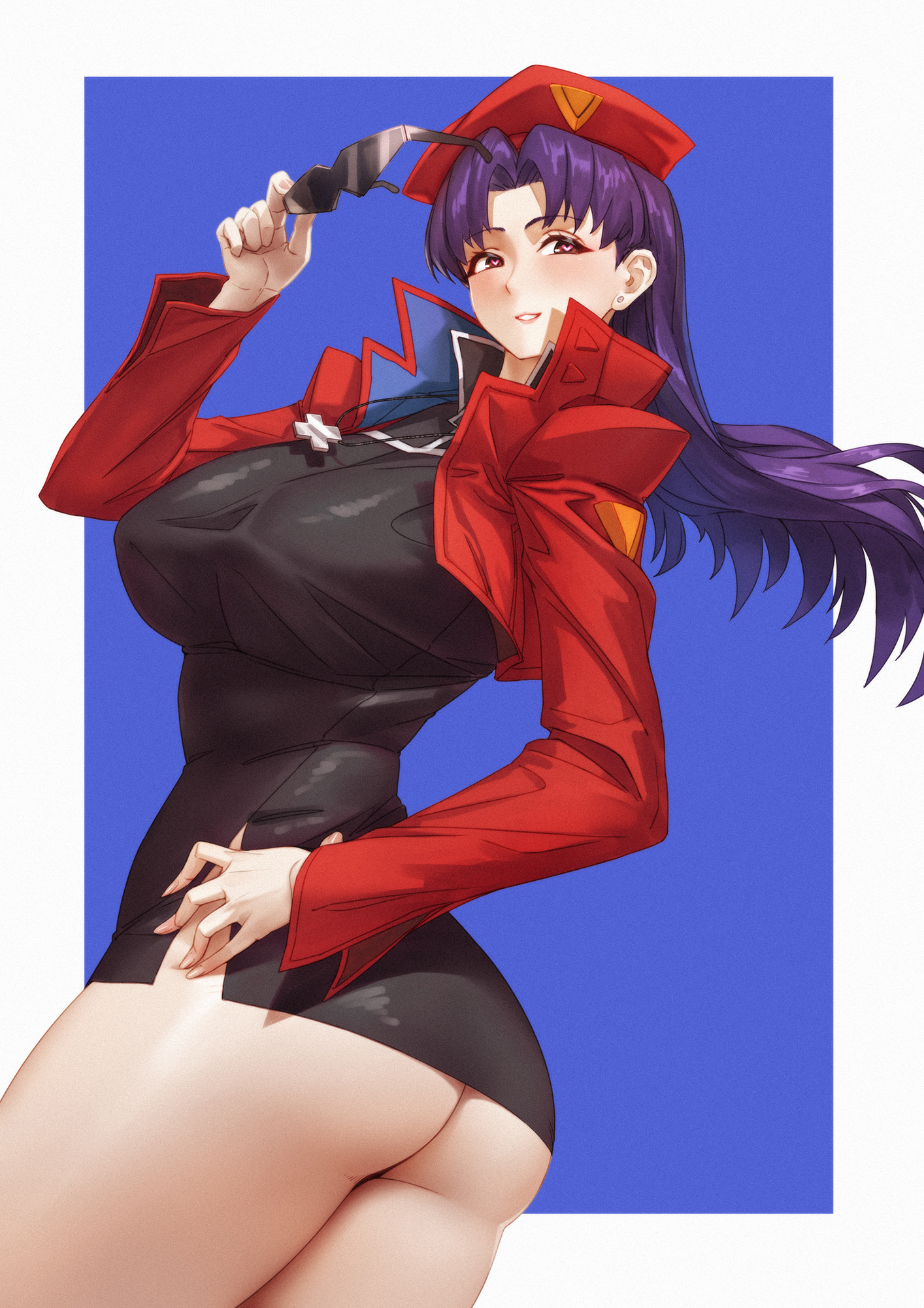 1girls, alternate version available, ass, ass cleavage, beret, big ass, big breasts, black dress, breasts, brown eyes, clothing, dress, female, female only, hair, hand on hip, hat, headwear, heart-shaped pupils, huge breasts, jacket, long hair, mature, mature female, mature woman, misato katsuragi, necklace, neckwear, neon genesis evangelion, purple hair, qingmingtongzi, red jacket, revealing clothes, short dress, smile, solo, solo female, thighs, tight clothing, tight dress