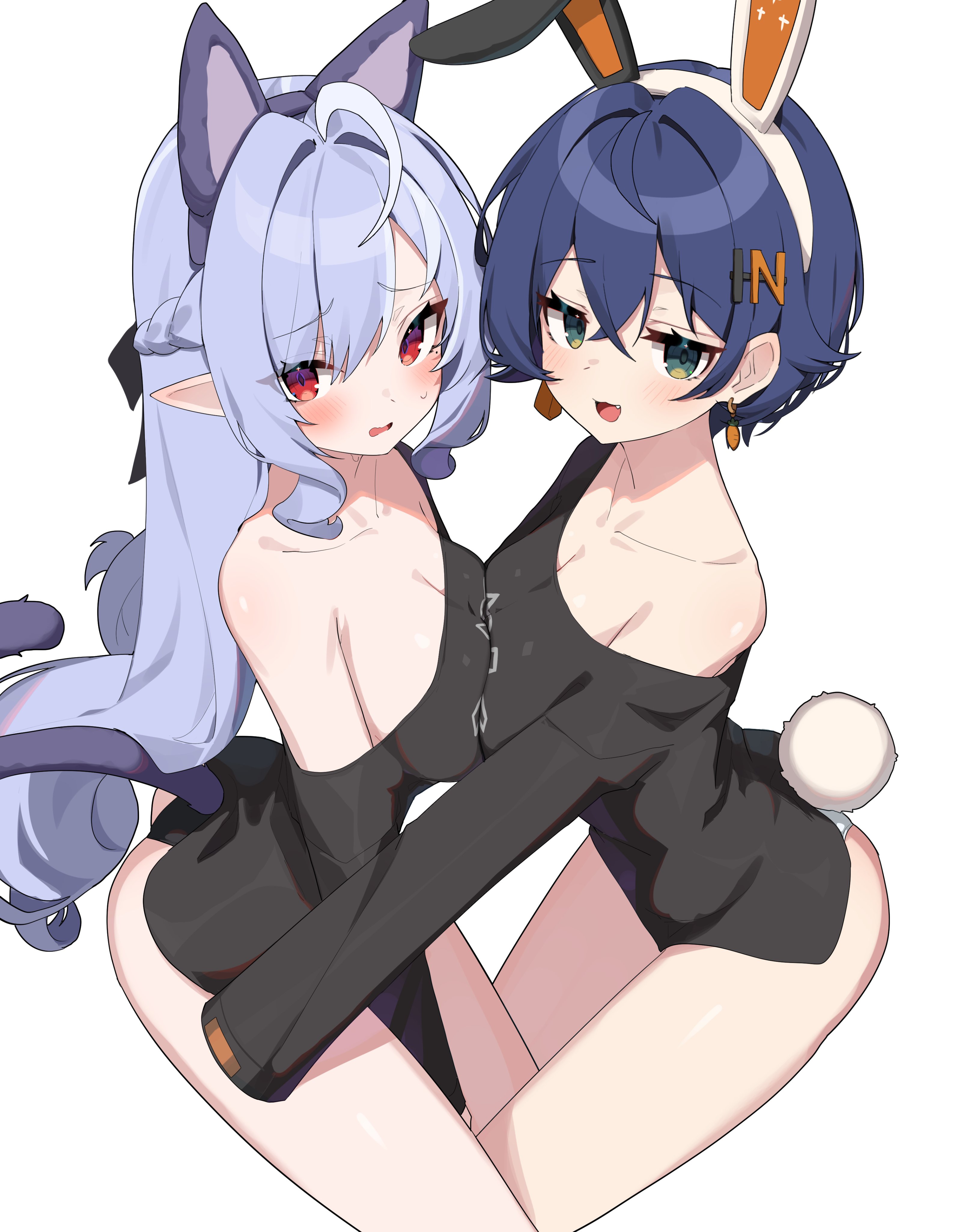 2girls, belle (zenless zone zero), belly button, blue hair, breast press, breasts, bunny ears, bunny tail, cat ears, cat tail, cleavage, embarrassed, female, green eyes, high resolution, highres, large breasts, long hair, looking at viewer, medium breasts, multiple girls, open mouth, panties, purple hair, red eyes, shirt, short hair, smile, standing, tail, thighs, underwear, vivian banshee, wak kun, wearing others clothes, white background, wise (zenless zone zero) (cosplay), zenless zone zero