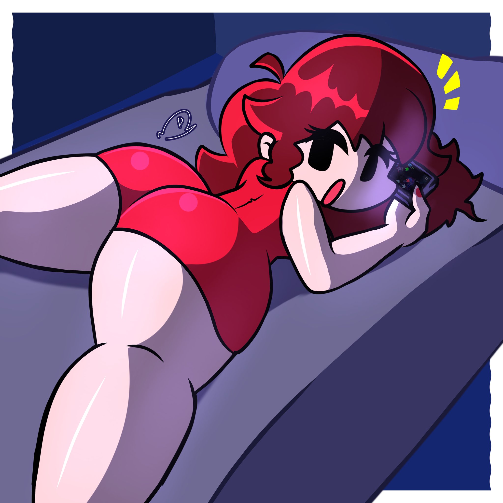 :o, 1girls, ass, ass focus, auburn hair, bed, big ass, big butt, black eyes, female, friday night funkin, girlfriend (friday night funkin), light skin, light-skinned female, looking back, looking over shoulder, lying on stomach, on bed, on phone, on the bed, on the phone, phone, pugafnf, red dress, red hair, solo, surprised, surprised expression, thick thighs, twitter username