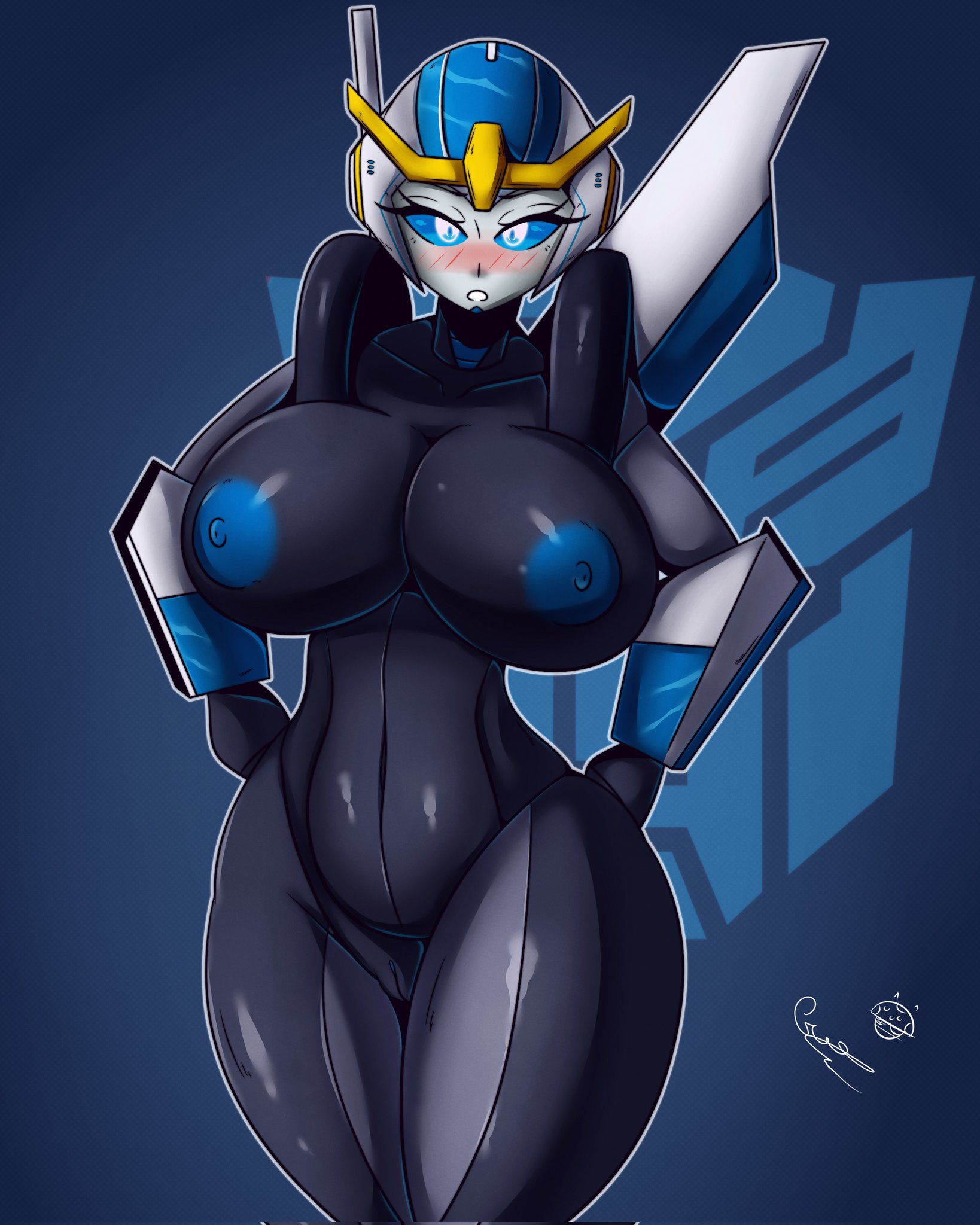 big breasts, black body, blue eyes, blue nipples, blush, blushing at viewer, breasts, female, nipples, nude, nude female, pussy, robot, robot girl, solo, strongarm (transformers), thick thighs, tr yithaz, transformers, transformers robots in disguise (2015), vagina, watching