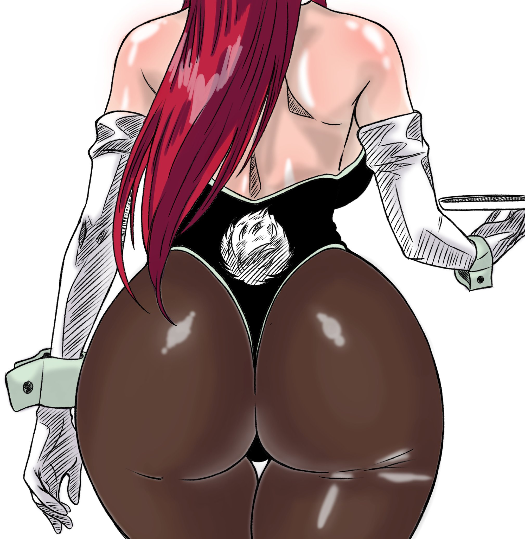 ass, ass focus, back, big ass, bunny girl, bunny tail, bunnysuit, colored, colored sketch, elbow gloves, erza scarlet, fairy tail, fat ass, pantyhose, red hair, red-haired female, ryveilee, shaded, shiny skin, tray, walking