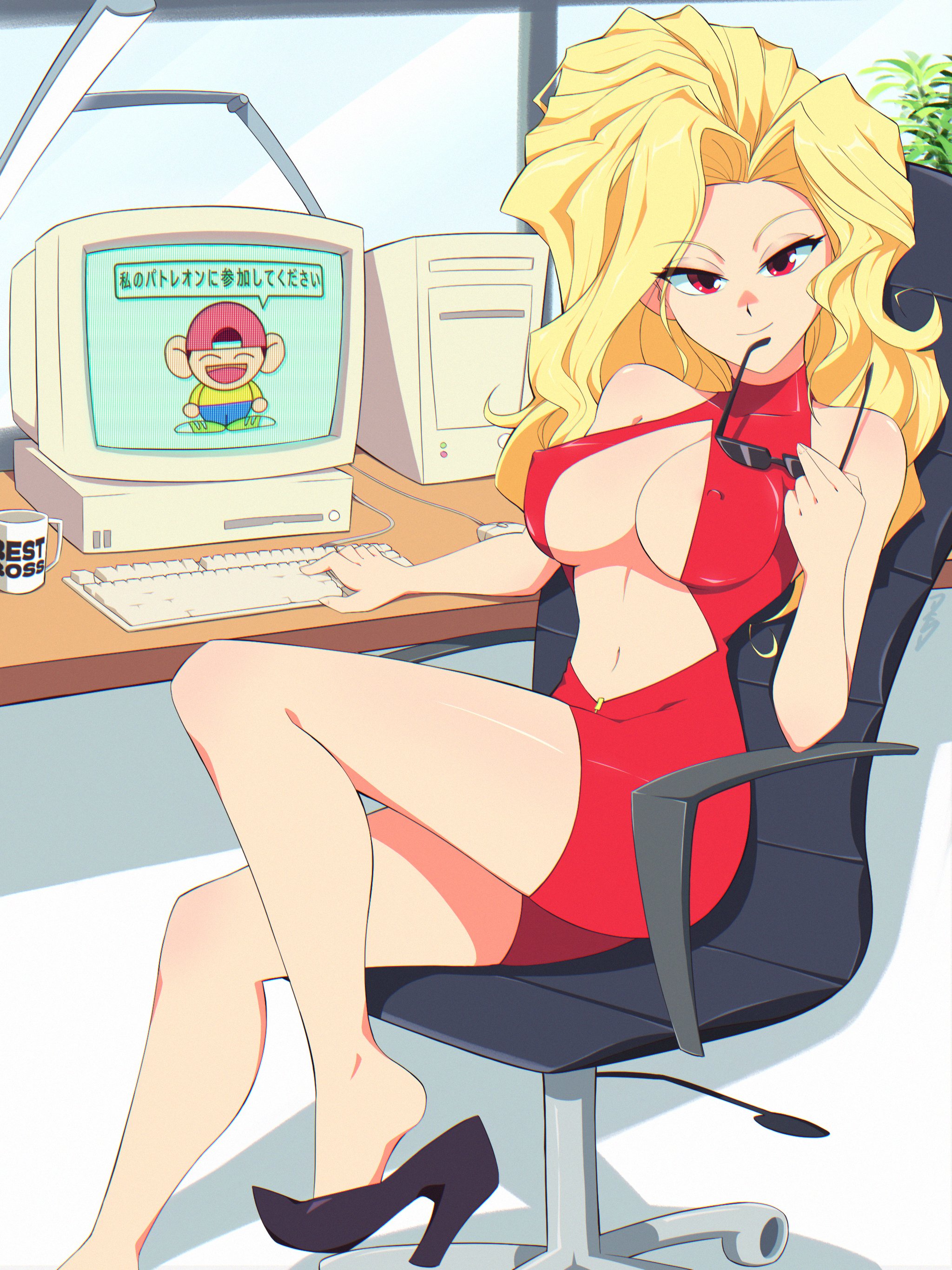 1girls, alternate version available, big breasts, blonde hair, breasts, chair, cleavage, coffee mug, computer, computer screen, cool biz, deogie, dress, drink, erect nipples, female, female only, footwear, glasses, golden boy, hair, heels, high heels, holding object, keyboard, legs, long hair, madame president, mature, mature female, mature woman, nipple bulge, office chair, office clothing, office lady, red dress, red eyes, revealing clothes, shiny clothes, short dress, smile, solo, solo female, thighs, tight clothing, when you see it