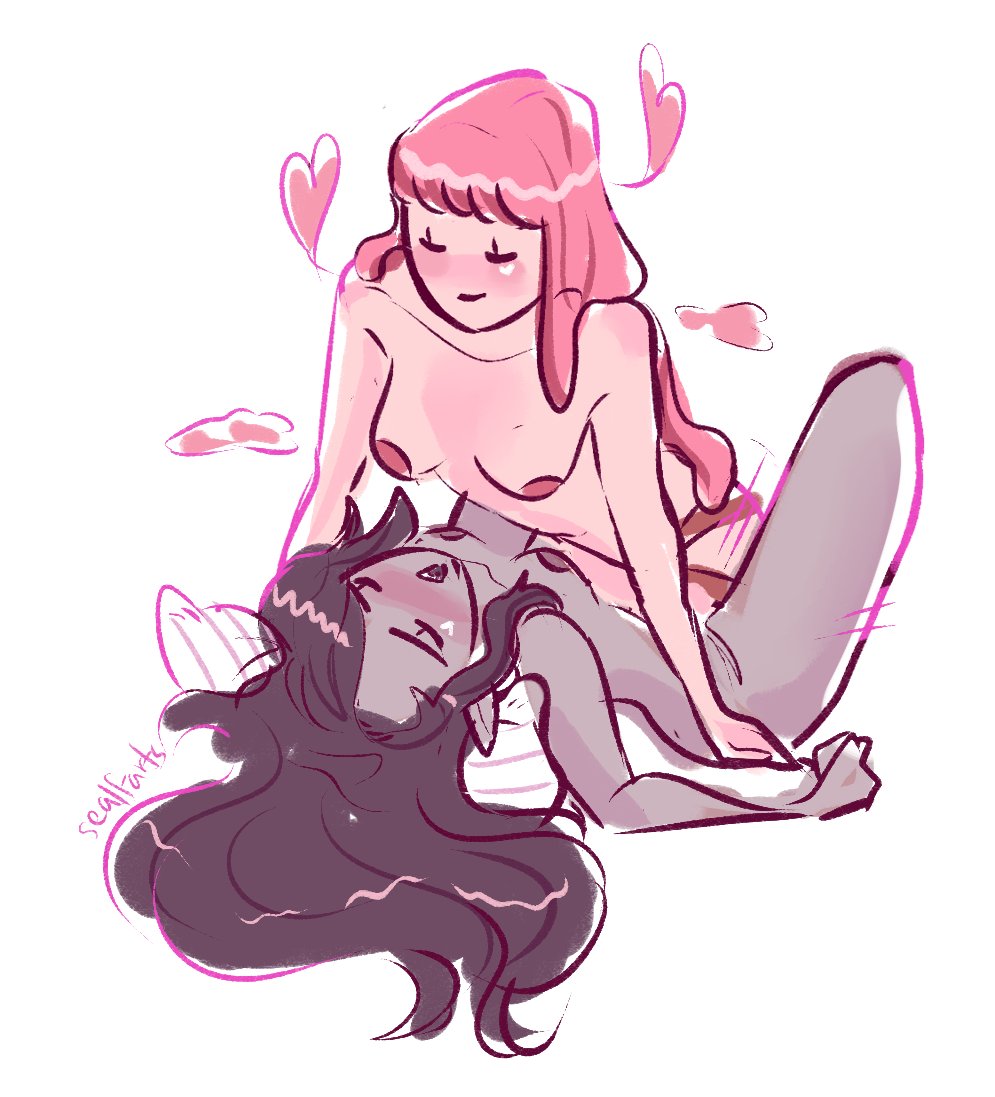 2girls, adventure time, black hair, black-haired female, blush, bonnibel bubblegum, breasts, canon couple, closed eyes, female, female only, female/female, grey body, grey skin, grey-skinned female, heart, lesbian couple, lesbian sex, marceline, marceline abadeer, motion lines, multiple girls, nude, nude female, pink body, pink hair, pink skin, pink-haired female, pink-skinned female, pointy ears, princess bubblegum, sealfarts, strap-on, vampire, vampire girl, white background, yuri