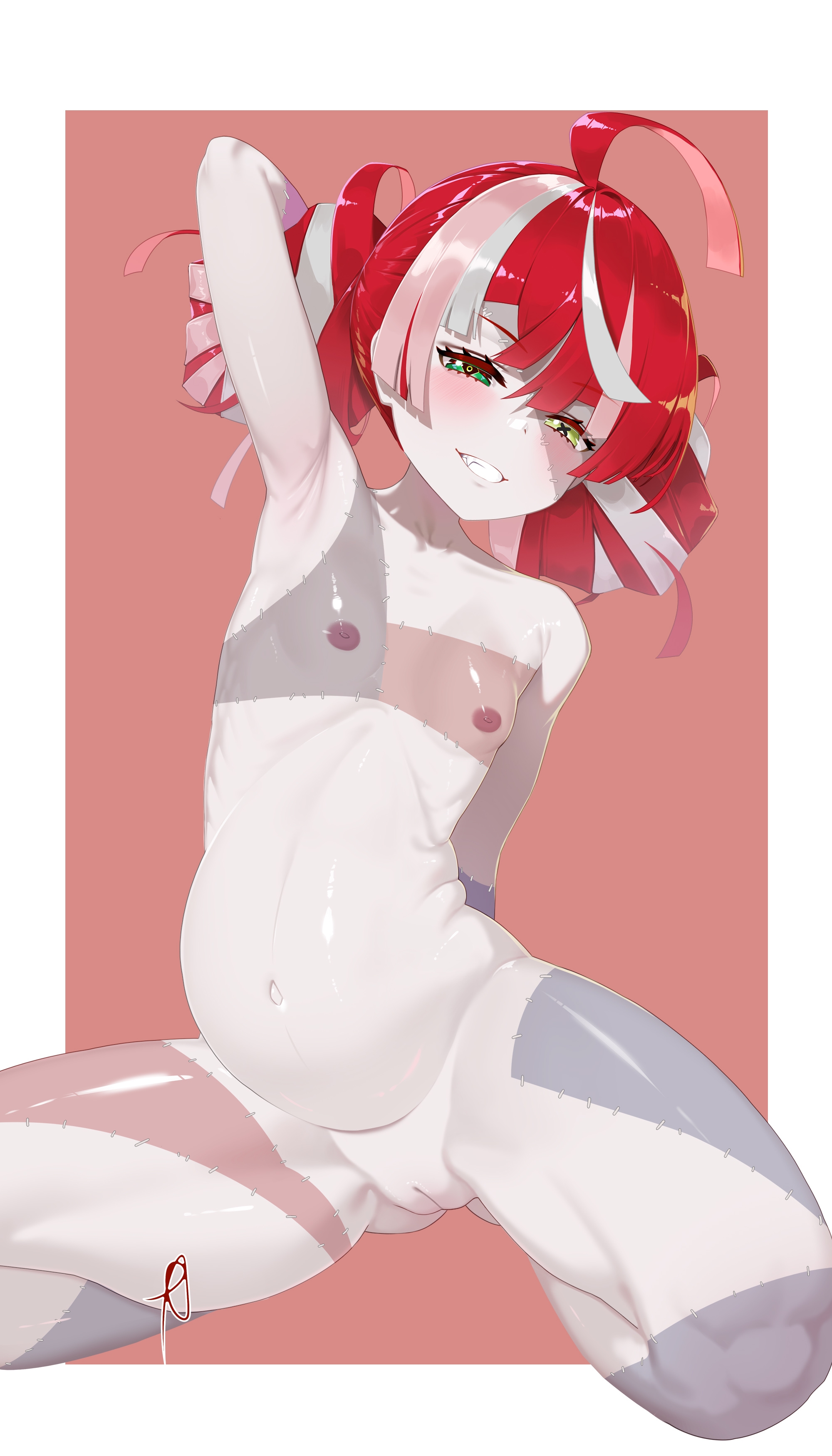 ahoge, armpits, arms behind head, arms up, blush, female, flat chest, green eyes, grin, hololive, hololive indonesia, hololive indonesia holoro, kureiji ollie, looking at viewer, multicolored hair, navel, pregnant, red hair, small breasts, smile, solo, spread legs, twintails, virtual youtuber
