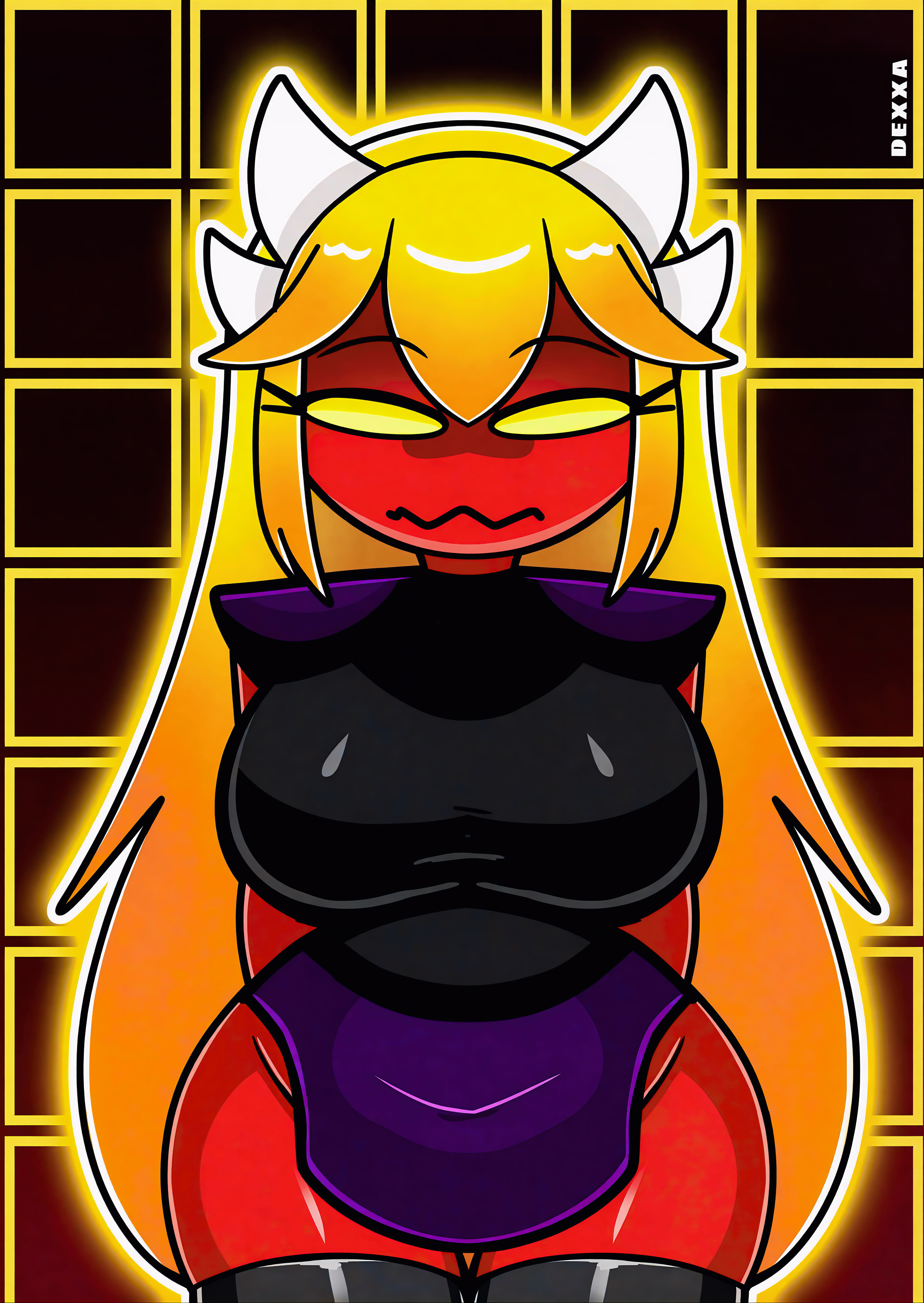 1girls, absolute cinema, big breasts, blonde hair, clothing, demon, demon girl, dexxa, geometry dash, highres, horn, horns, hourglass figure, huge breasts, insane demon, joe metri desh, thick thighs, thighhighs, thighs, upscaled