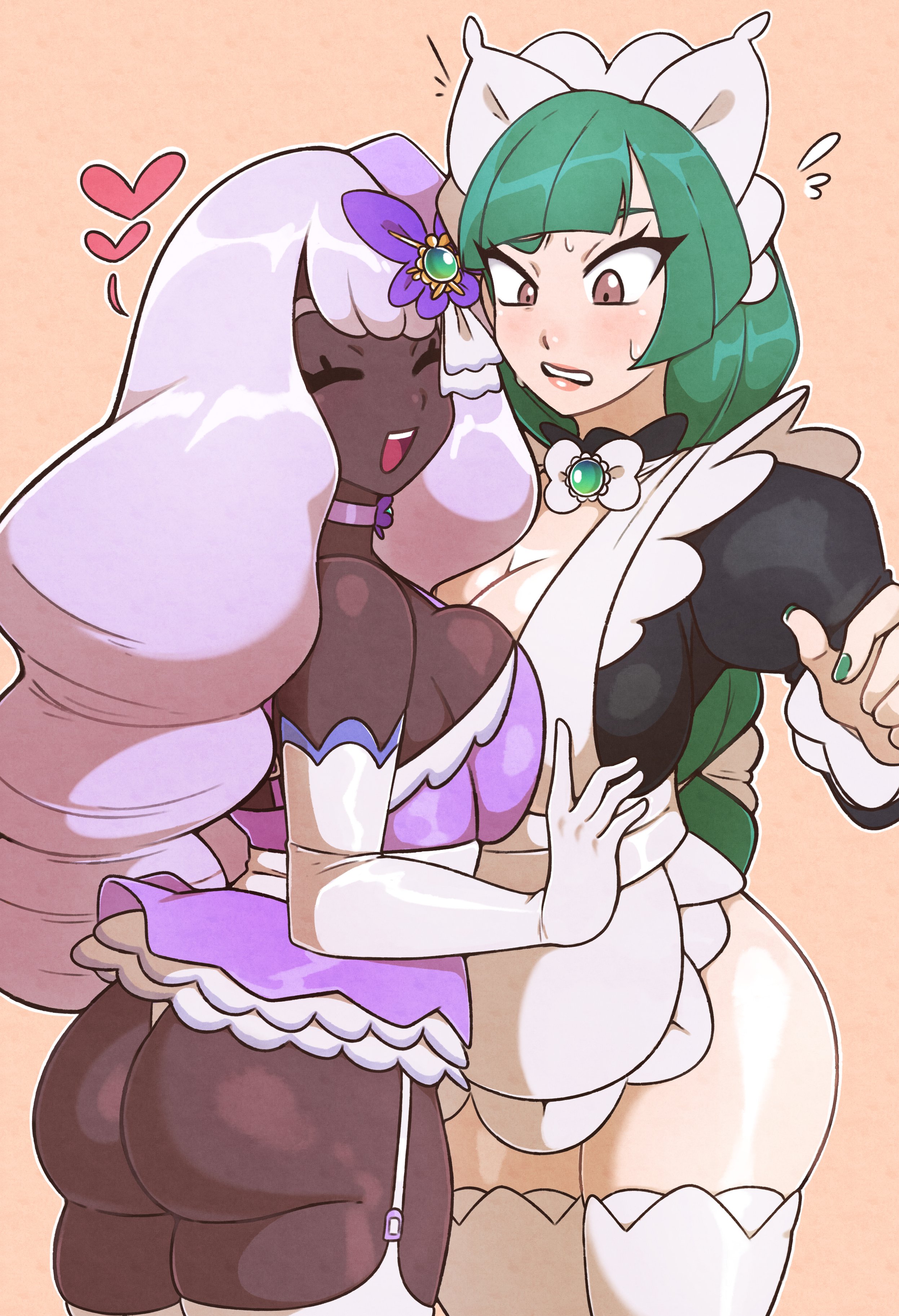 bubble ass, dark-skinned female, french, game freak, ganguro, green hair, harujio (pokemon), jacinthe (pokemon), jeffmiga, lebanne (pokemon), looking down, maid, pokemon, pokemon legends: z-a, surprised, thick thighs, yukari (pokemon), yuri