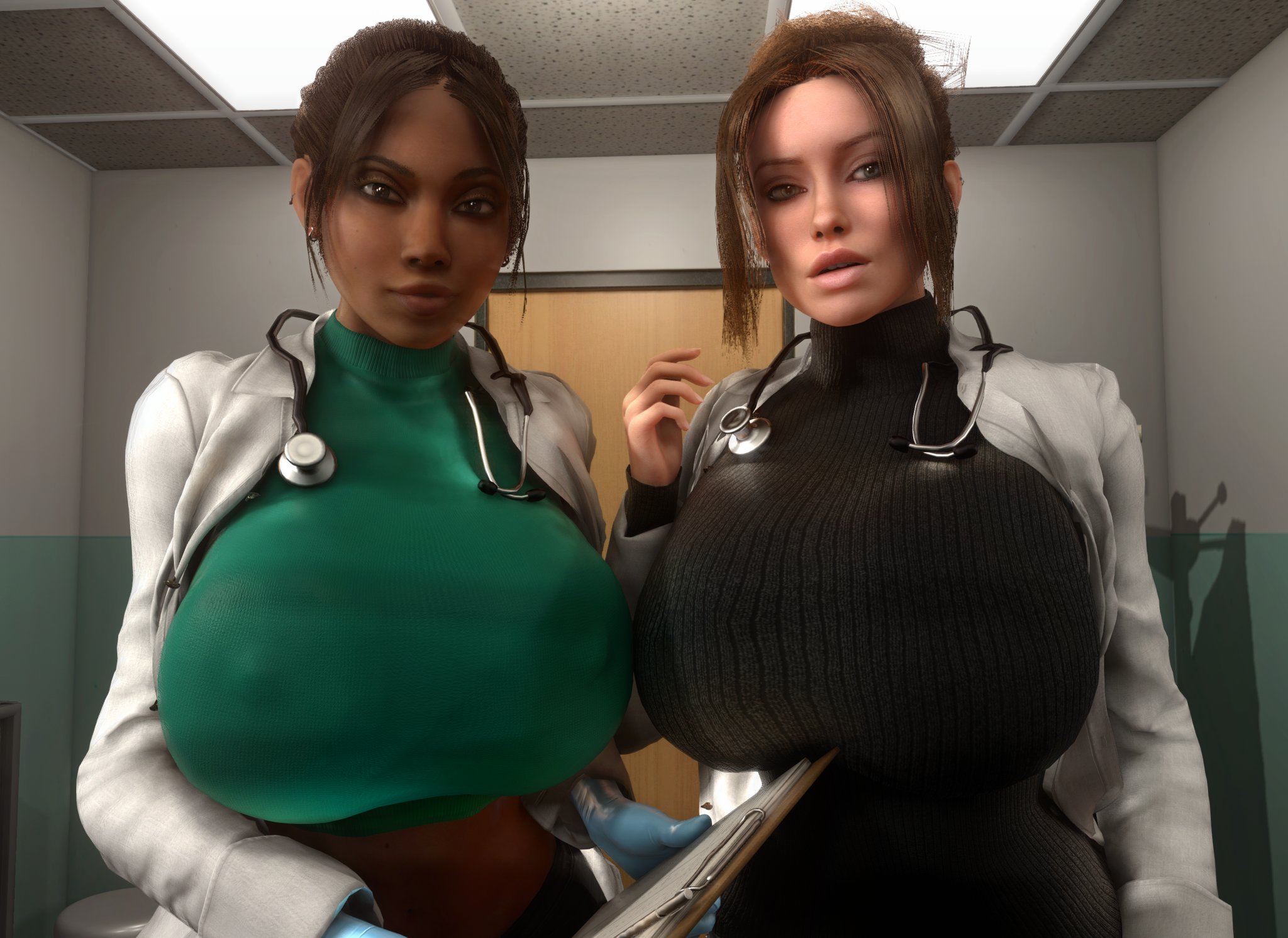 2girls, 3d, alternate breast size, big ass, big breasts, breasts, breasts bigger than head, brown body, brown skin, brown-skinned female, bursting breasts, bust, busty, curvaceous, curvy, curvy figure, dark skin, dark-skinned female, doctor, enormous breasts, female, gigantic breasts, hips, hourglass figure, house (series), huge ass, huge breasts, hyper breasts, large ass, large breasts, legs, light skin, light-skinned female, massive breasts, mature, mature female, multiple females, multiple girls, olivia wilde, remy hadley, resident evil, sheva alomar, slim waist, thick, thick hips, thick legs, thick thighs, thighs, thirteen (house), top heavy, vaako, voluptuous, waist, white female, wide hips