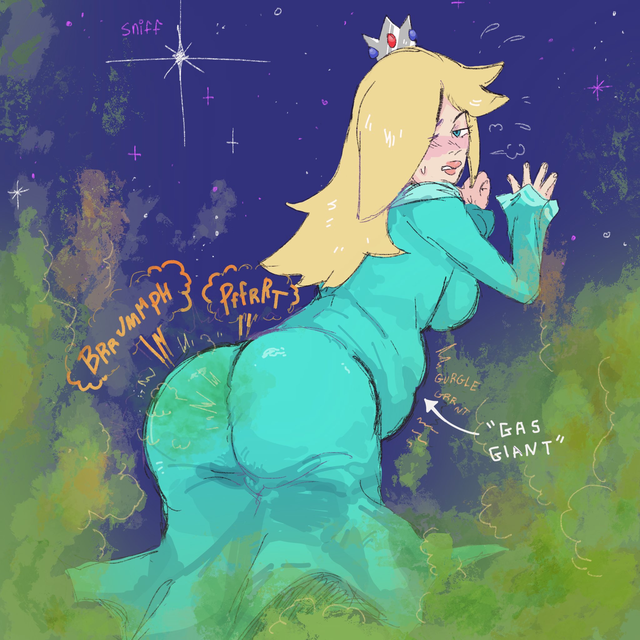 bloated, bloated belly, blush, bowel sounds, brap, fart, fart cloud, fart everywhere, fart fetish, farting, green fart, gurgling belly, kissnsniff, mario (series), nintendo, onomatopoeia, princess rosalina, space, stars, super mario bros., sweat
