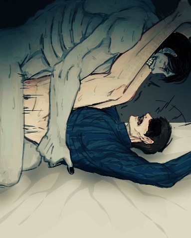 2boys, anal sex, bottomless, colored, gay, gay sex, holding partner, legs up, male on male, male only, male penetrating male, male/male, masculine, monster on human, no, i'm not a human, on back, pale visitor, protagonist (no, i'm not a human), size difference, sweater, tagme, thrust lines, thrusting, yaoi